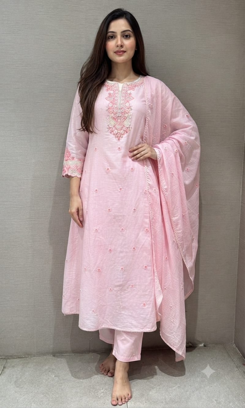 Pink Straight Cut Salwar Suit with Floral Embroidery