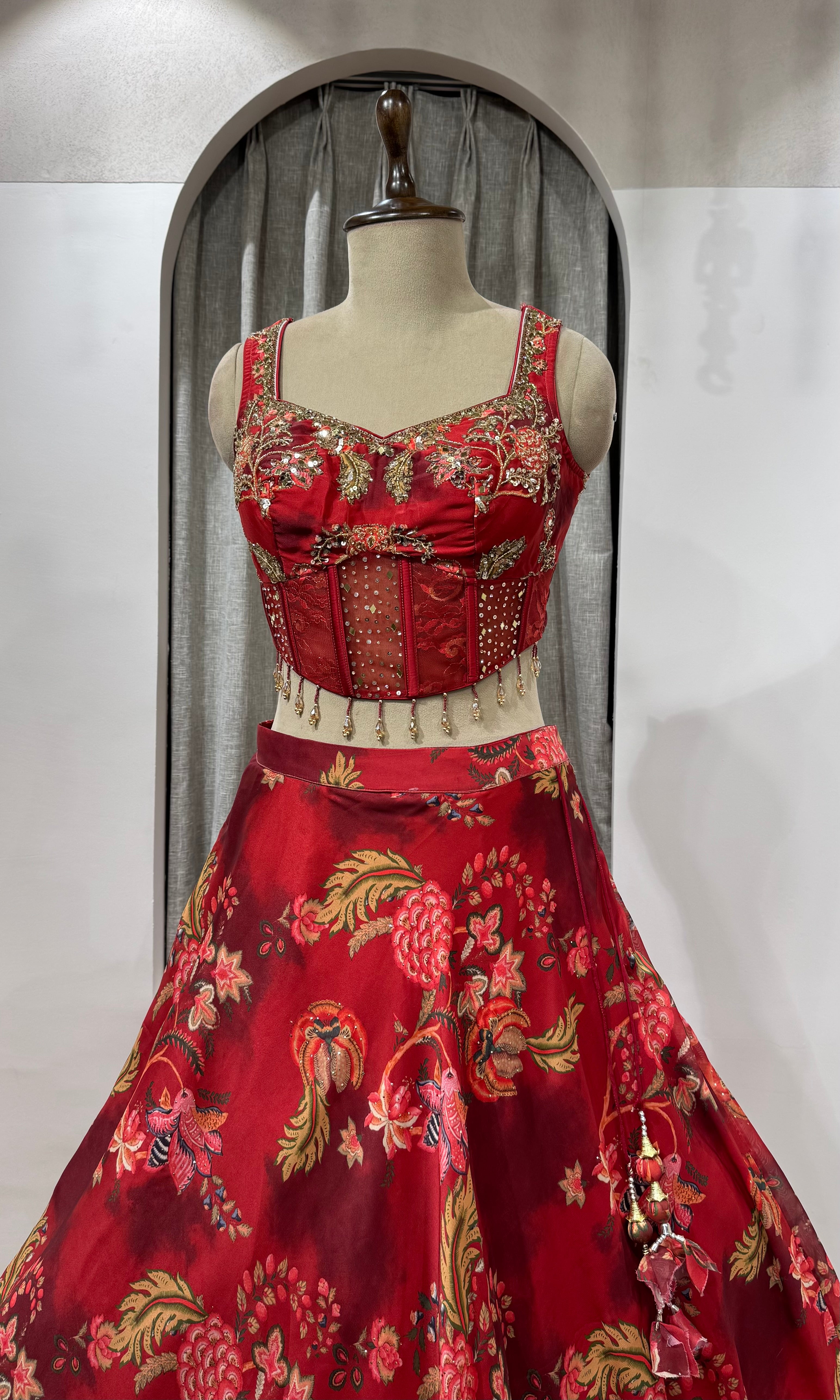 Red Indian Organza Printed Lehenga Set