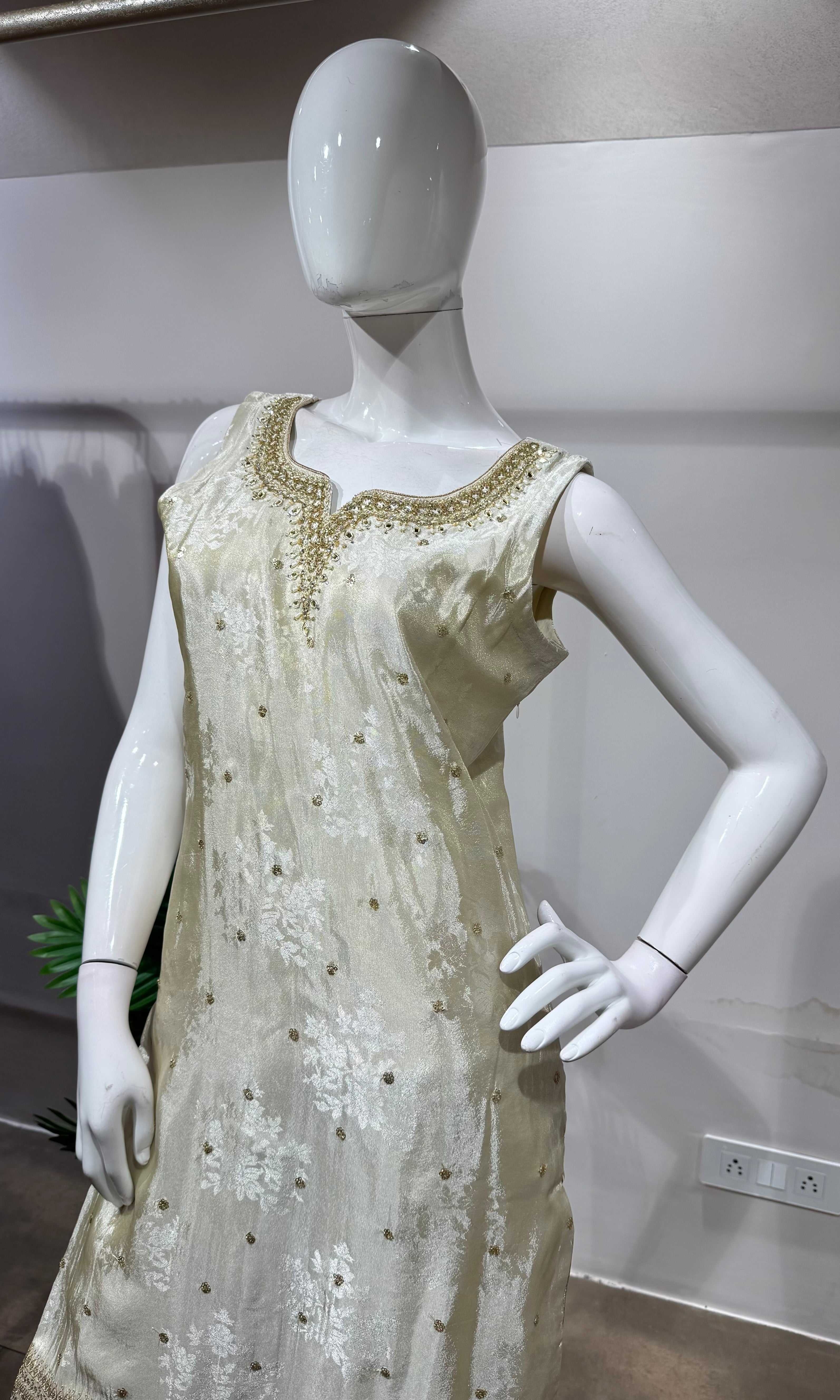 Cream & Gold Floral Embroidered Kurta with Dupatta