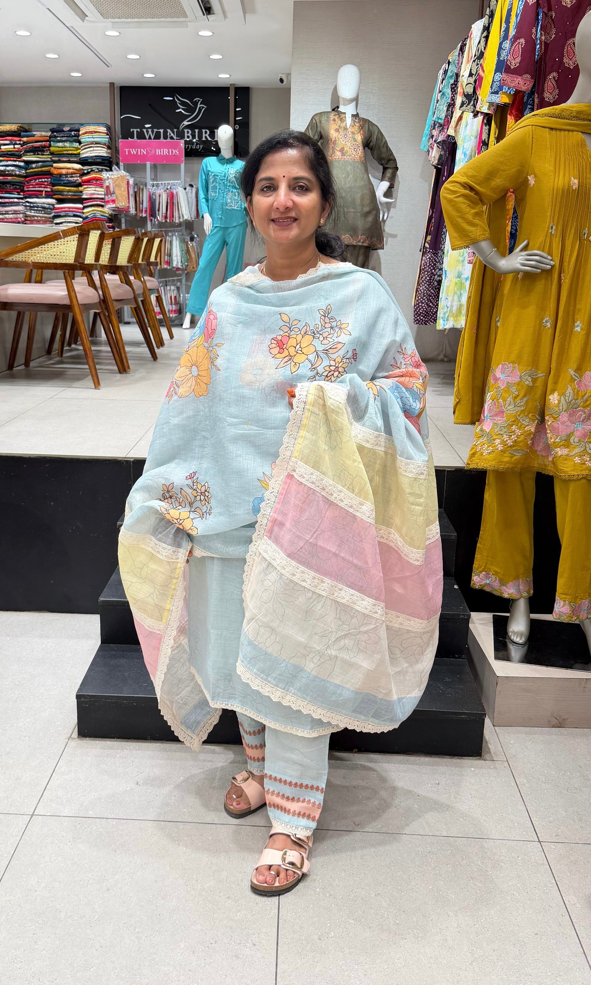 Sky Blue Straight Kurta Set with Multicolor Pastel dupatta