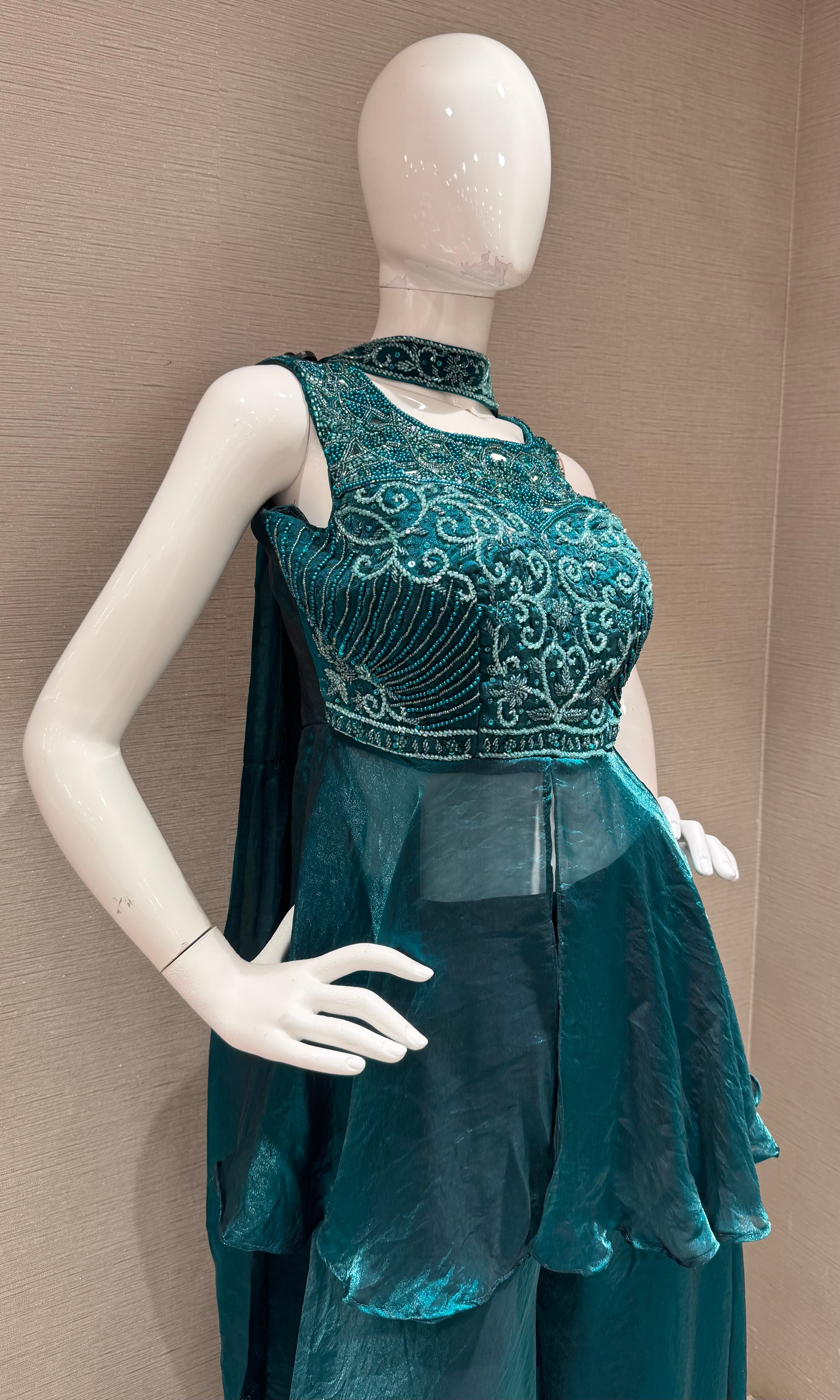 Green Embellished Peplum Palazzo set