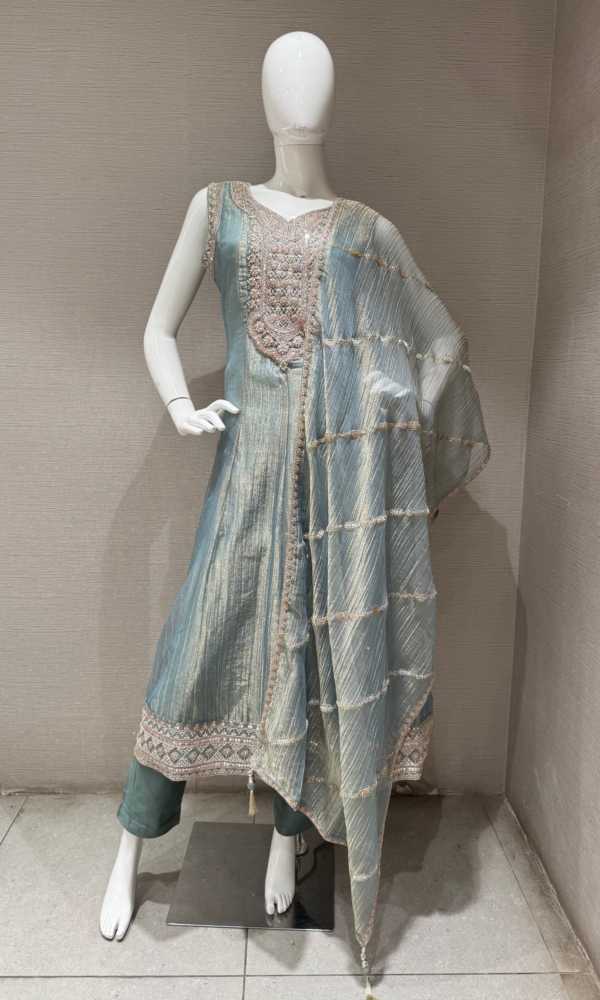 Sage Green Tissue silk Embroidered Kurta Set with Dupatta