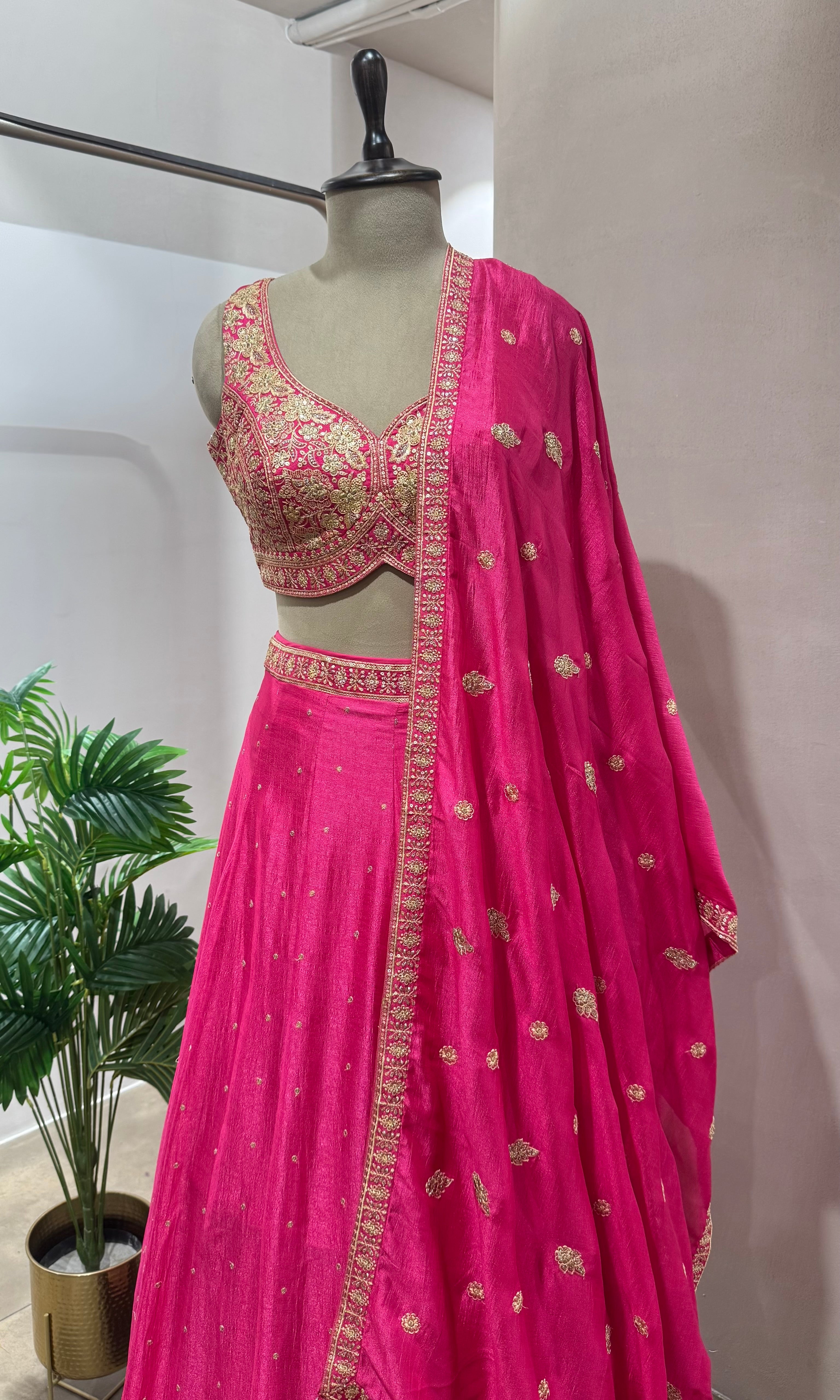 Pink EMBELLISHED LEHENGA WITH FLORAL MOTIF DUPATTA