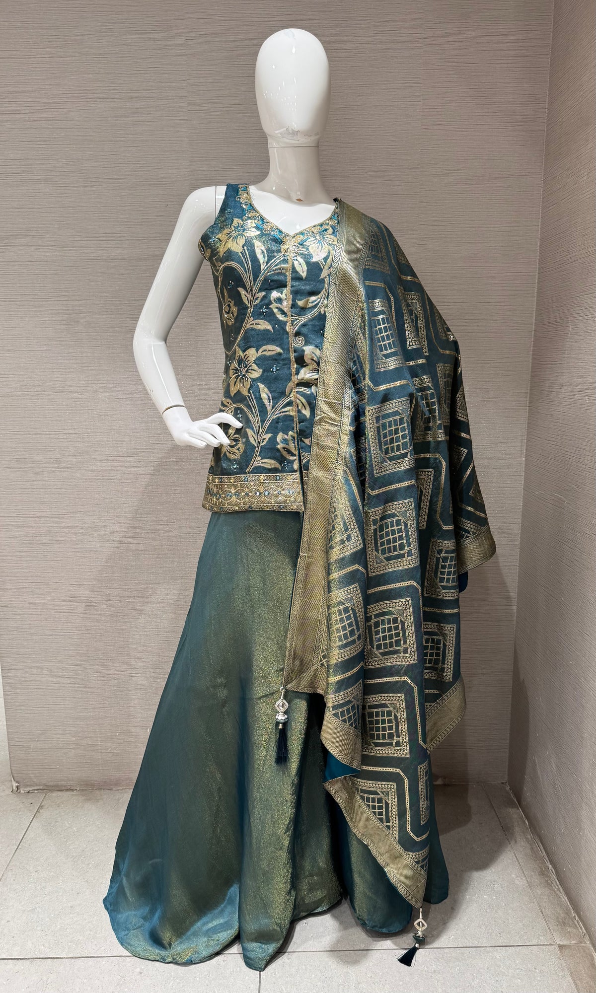 Peacock Blue and Gold Tissue Embroidered Palazzo set
