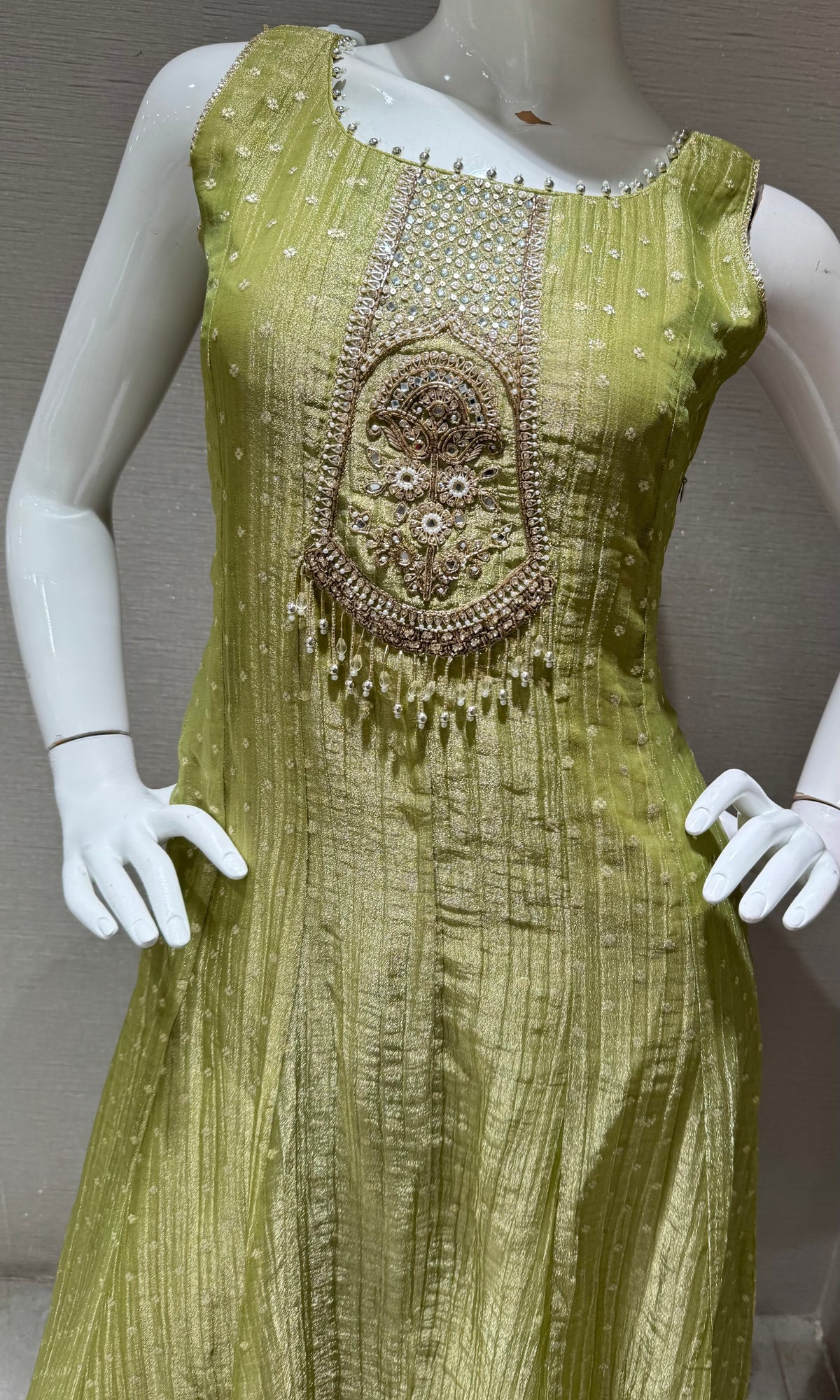 green tissue silk embroidered anarkali set with dupatta