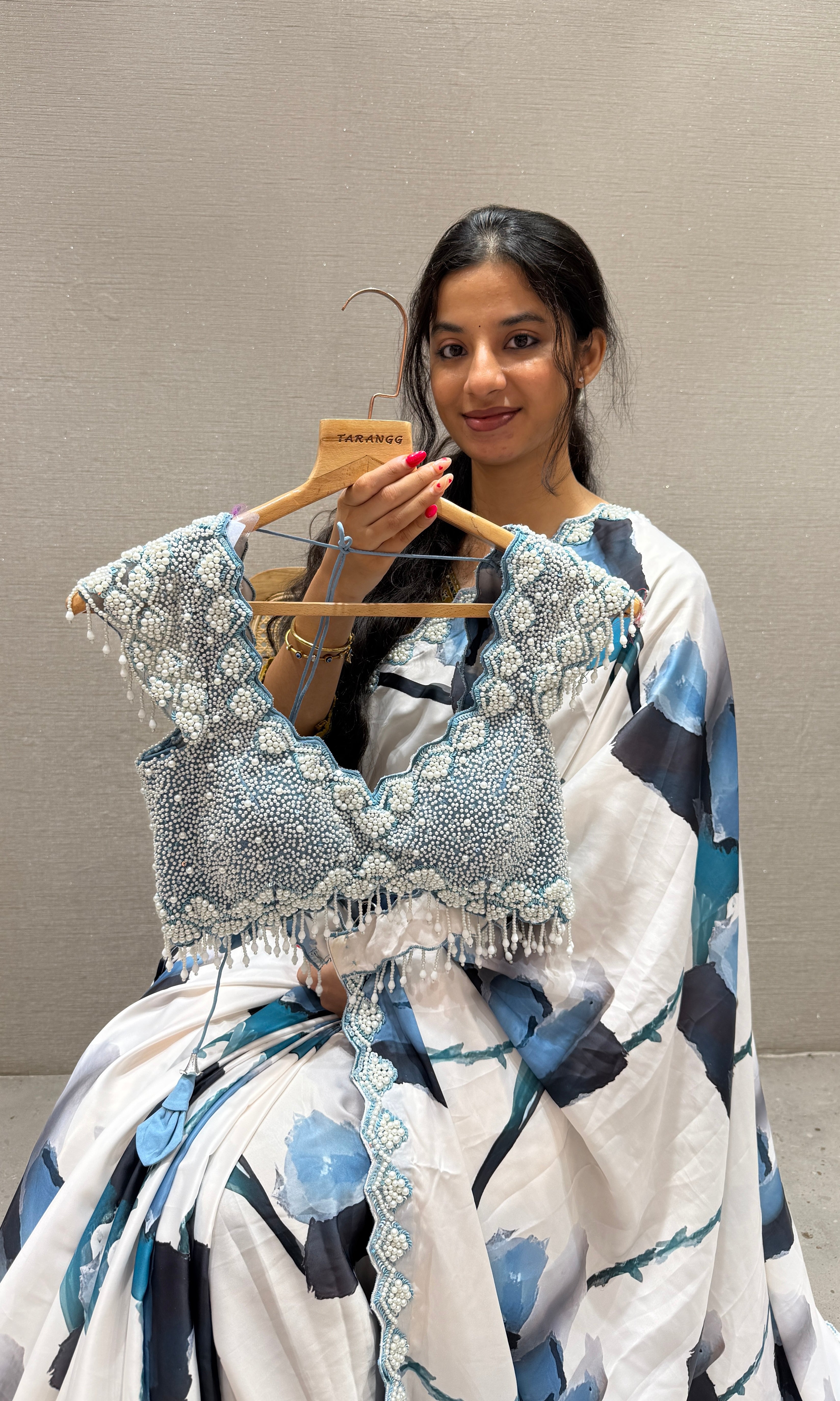 Sea blue and white digital printed satin silk saree with ready pearl work blouse