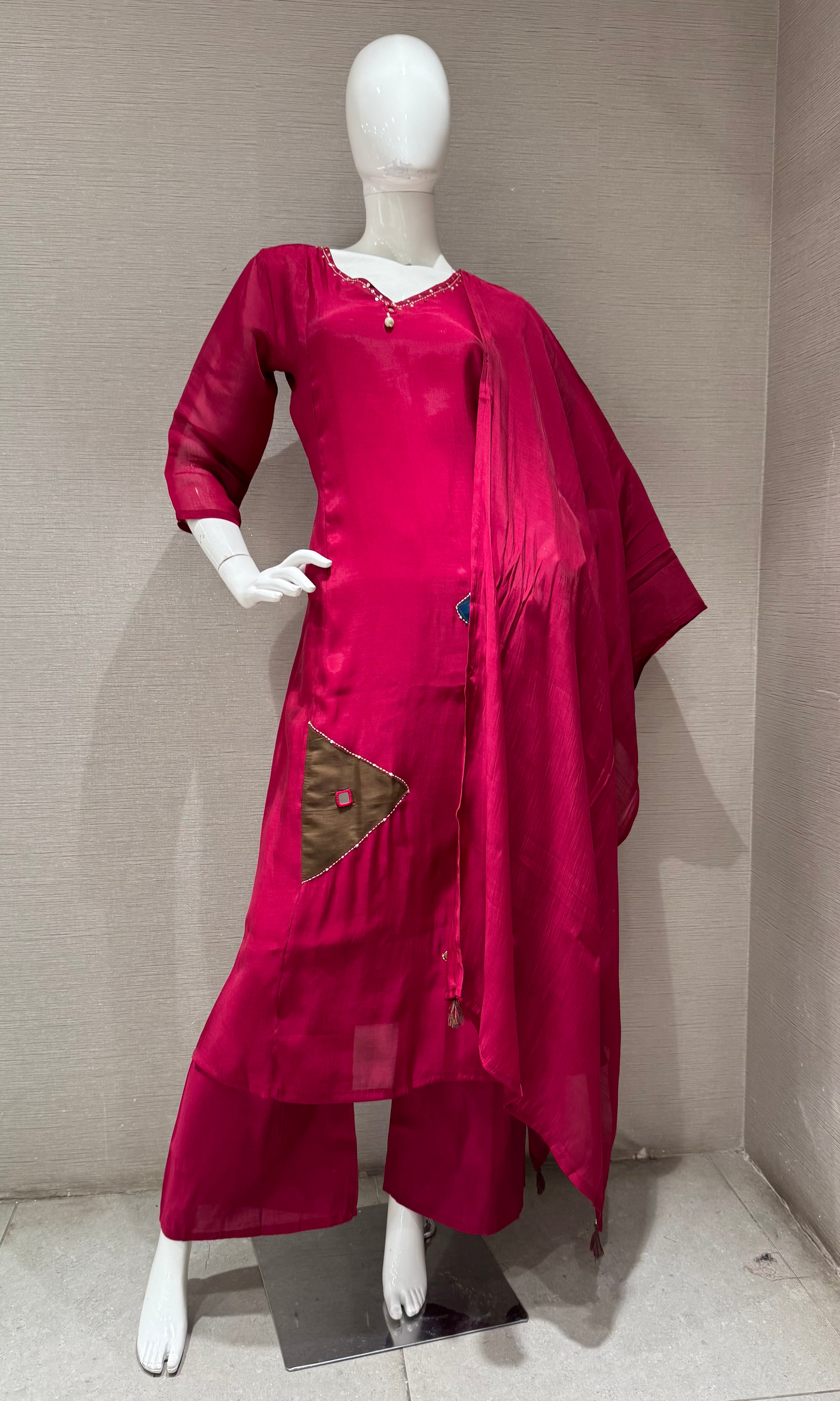 Maroon Straight Patch Kurta Set with Dupatta