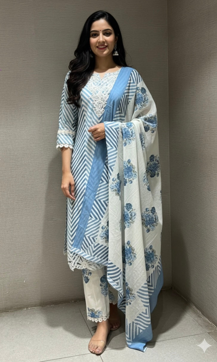 Blue LEHARIYA ZIG ZAG PRINT KURTA SET