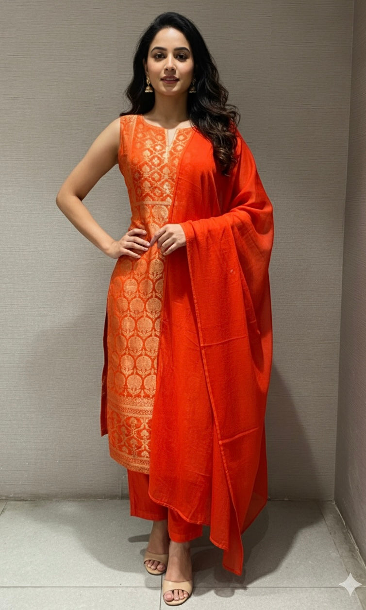 ORANGE Silk KURTA SET with Golden Embroidery
