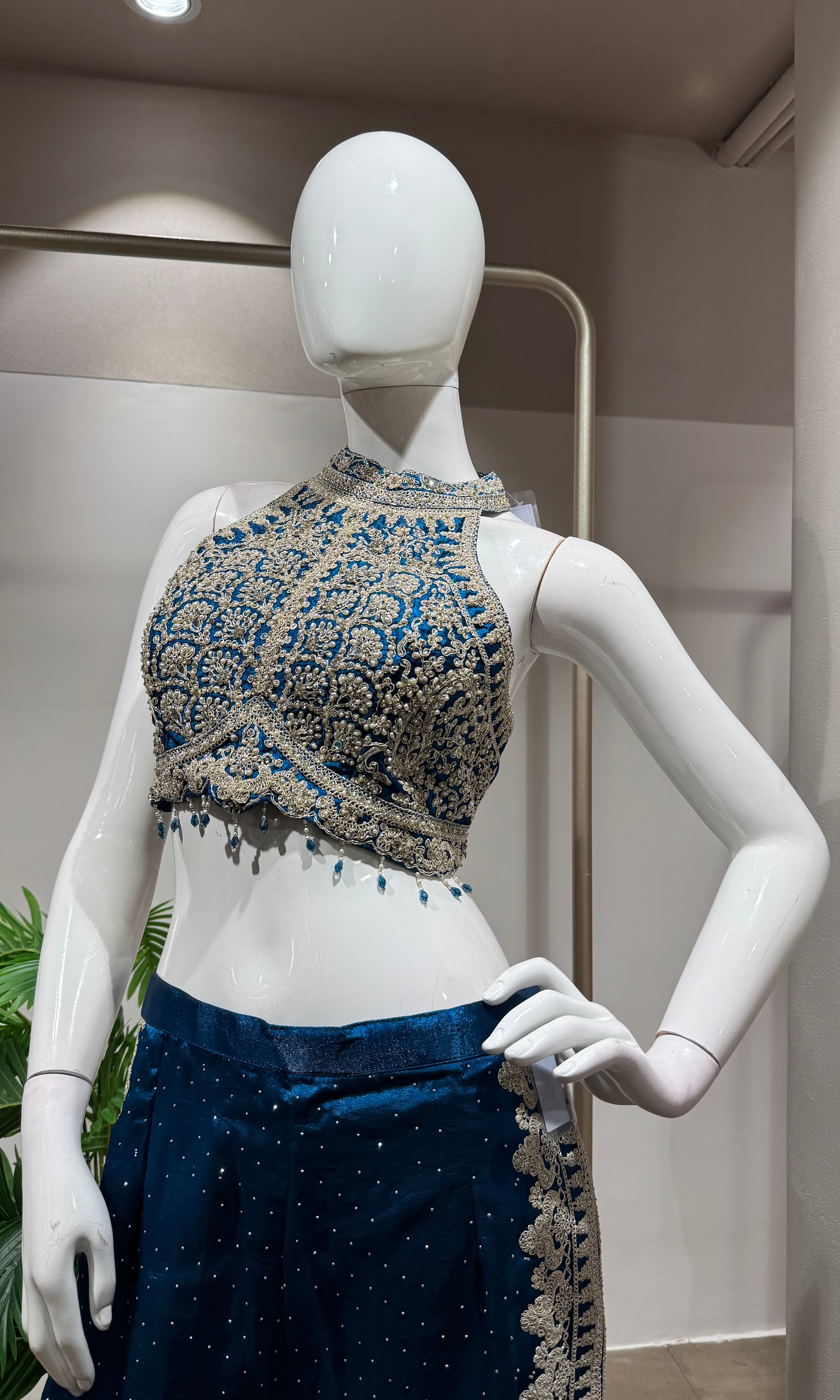 BLUE EMBROIDERED HALTER CROP TOP PALAZZO SET