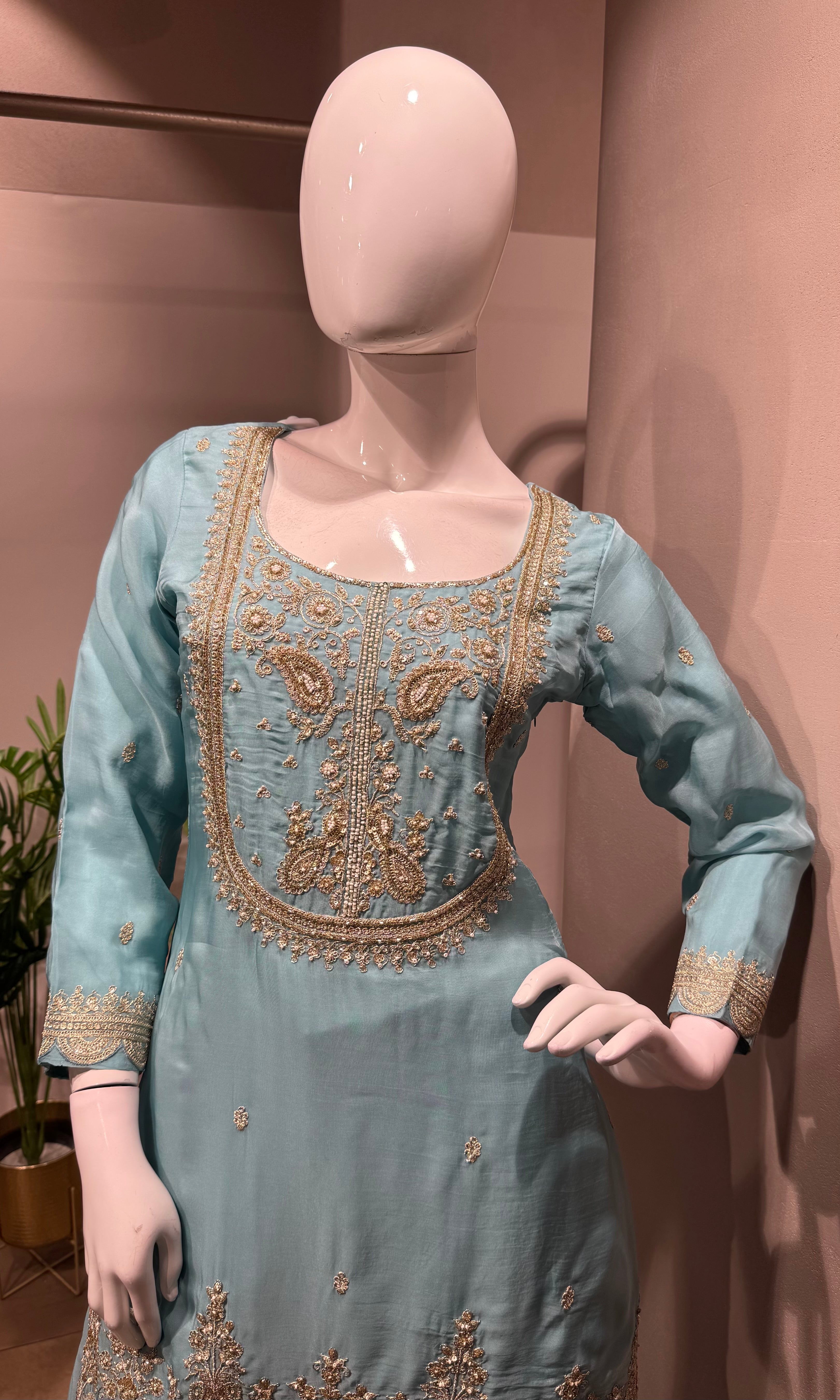 blue and gold embroidered sharara set