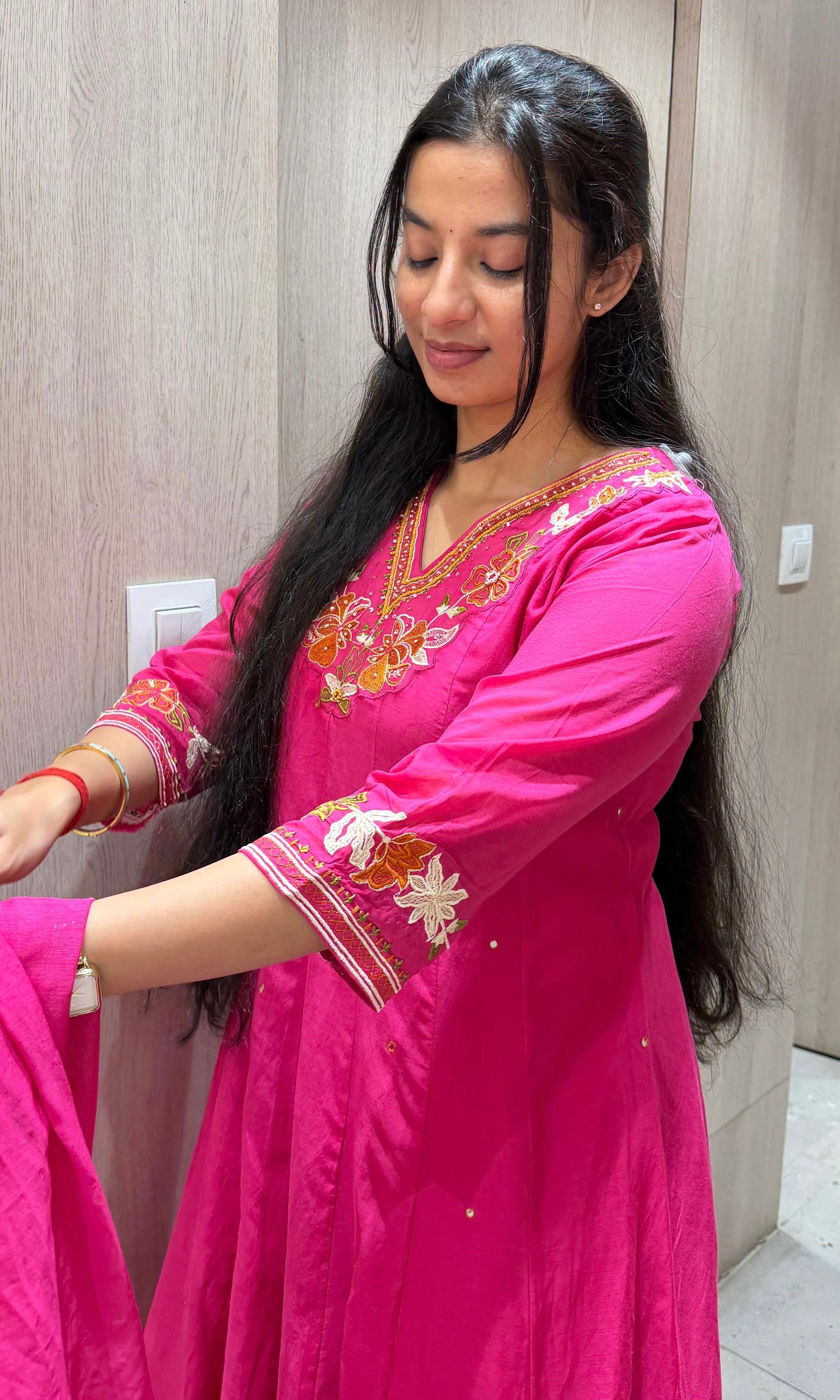 Pink FLORAL NECK LINE EMBROIDERED ANARKALI