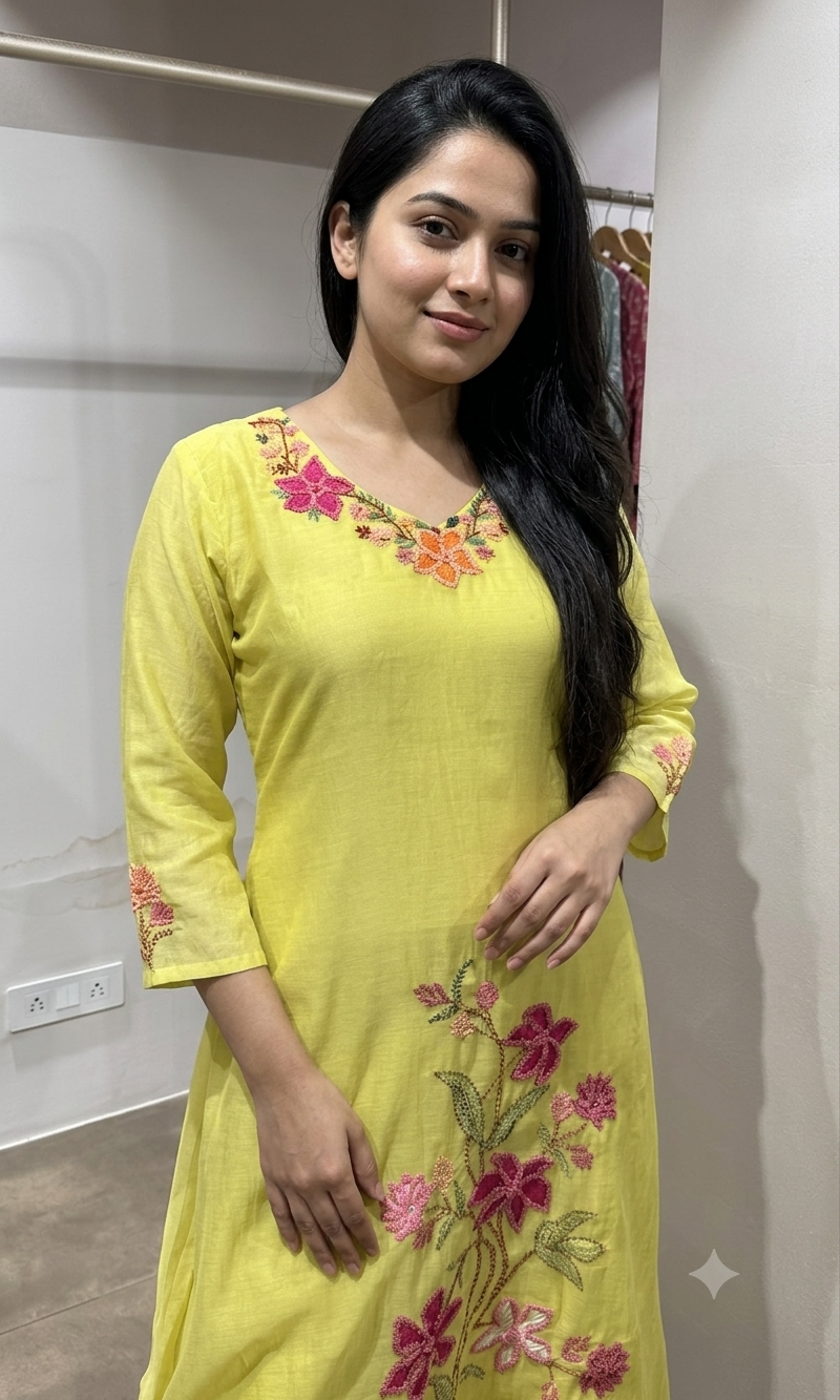 Green Mul Chanderi Kurta Set with Floral Embroidery