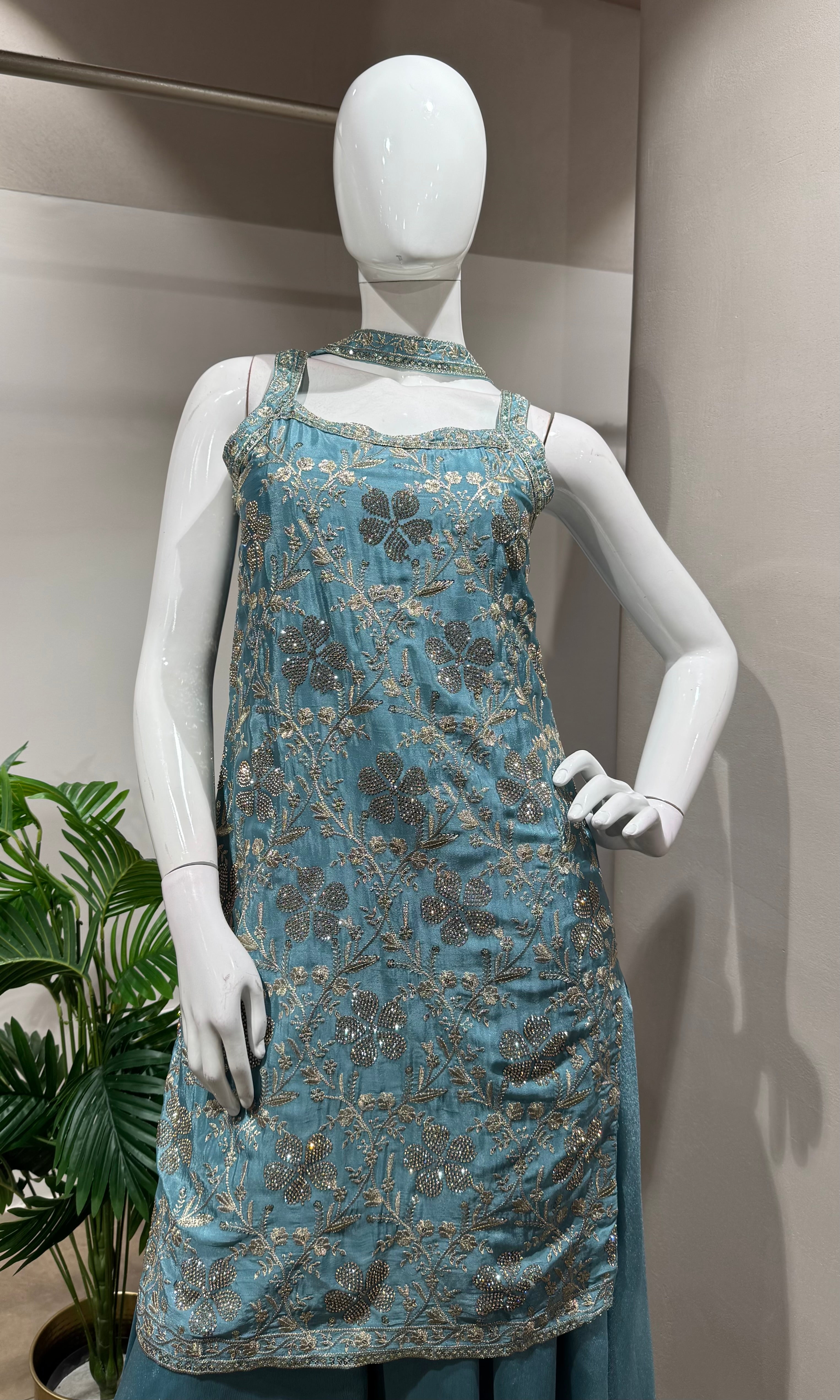 blue floral embroidered tissue sharara set