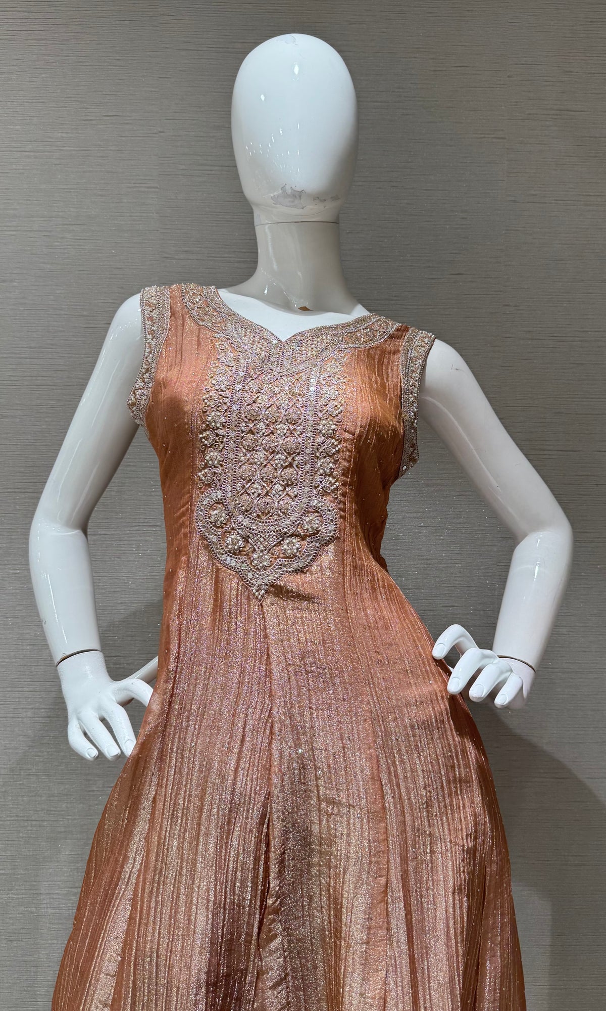 Peach Shimmer Golden Embroidered Kurta Set with dupatta