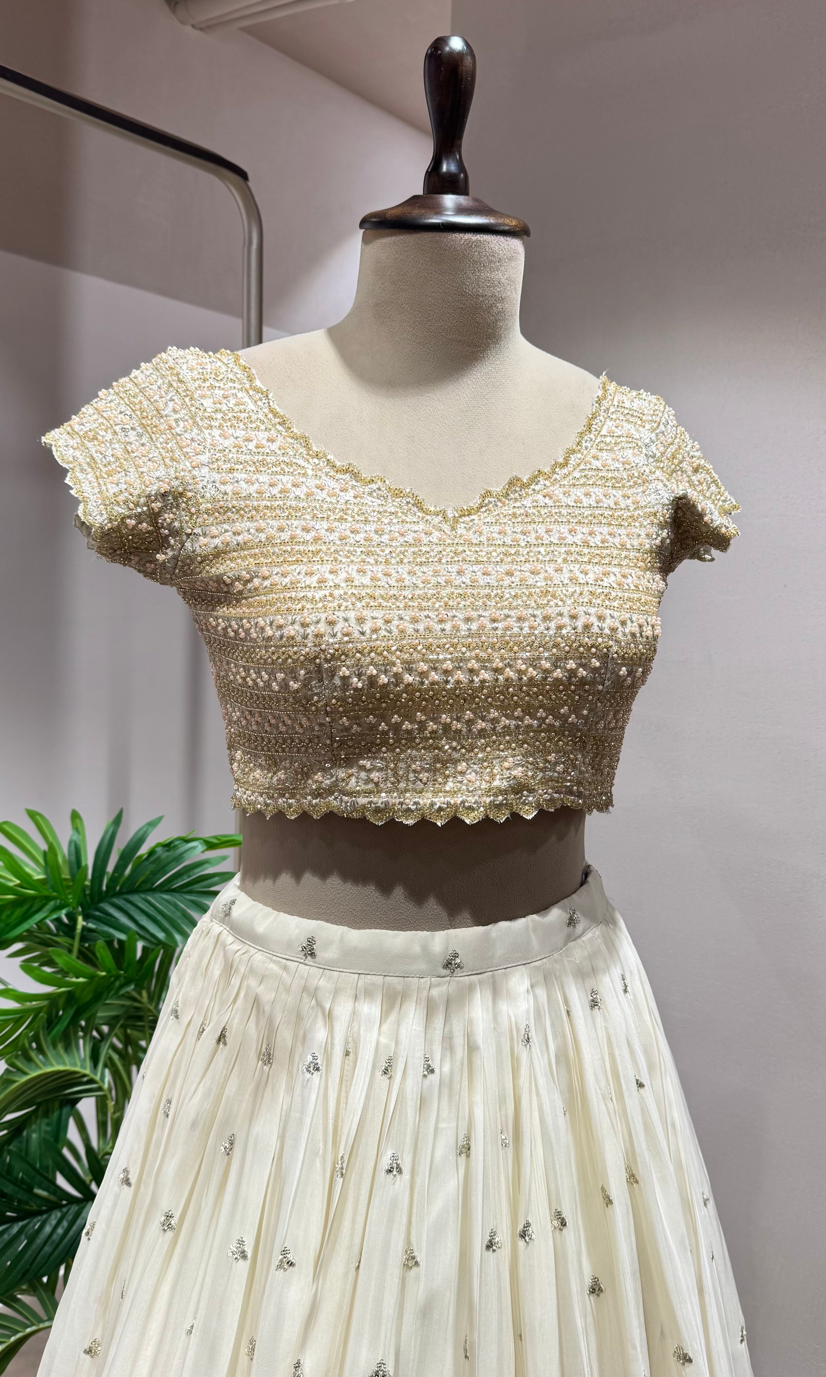 Cream Floral Lehenga with Embellished Blouse