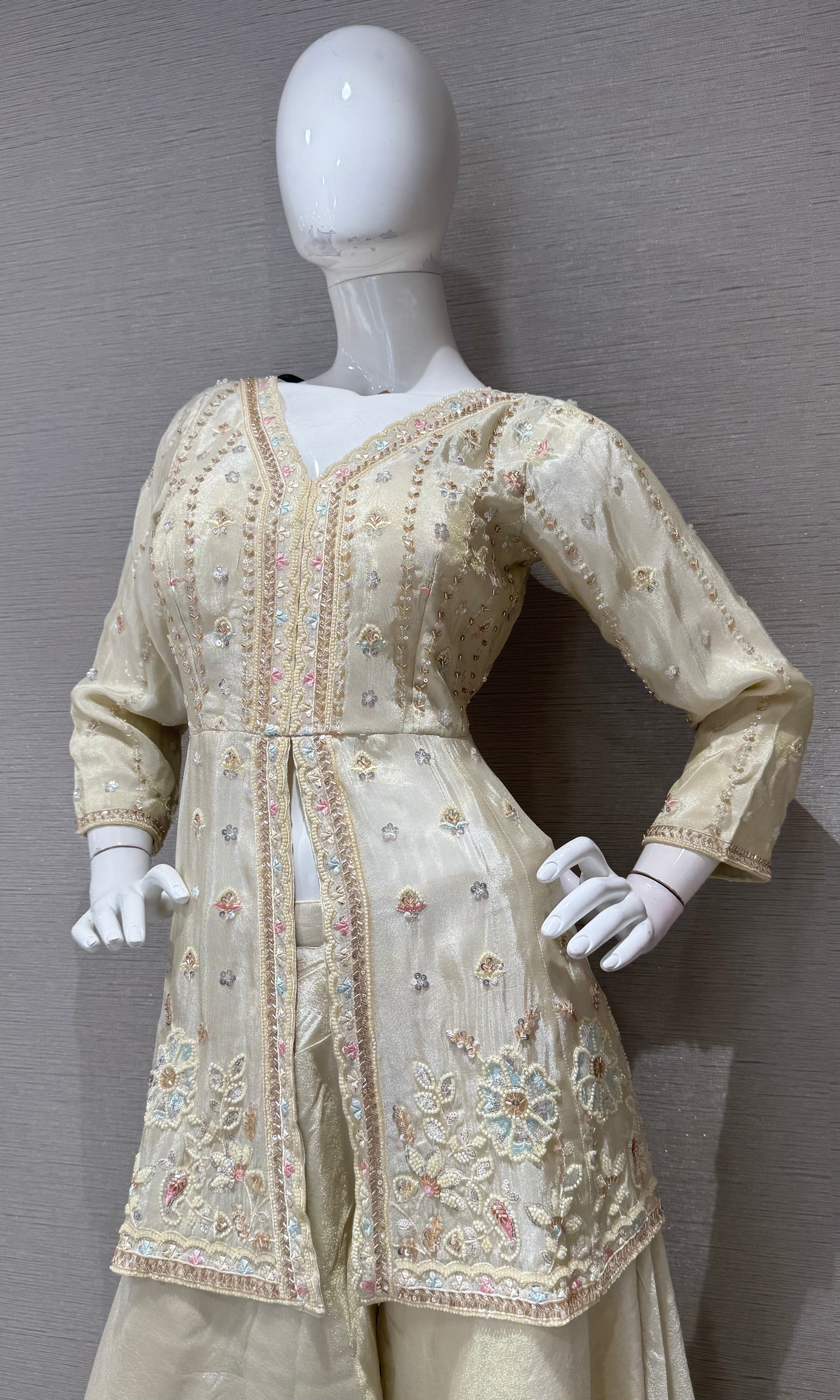 Cream Embroidered Tissue Peplum Palazzo set