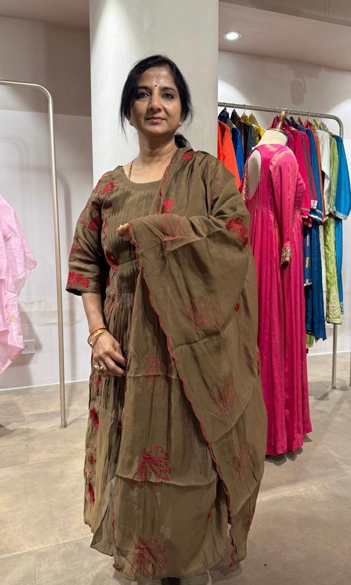 Brown Embroidered Mul Cotton Kurta Set