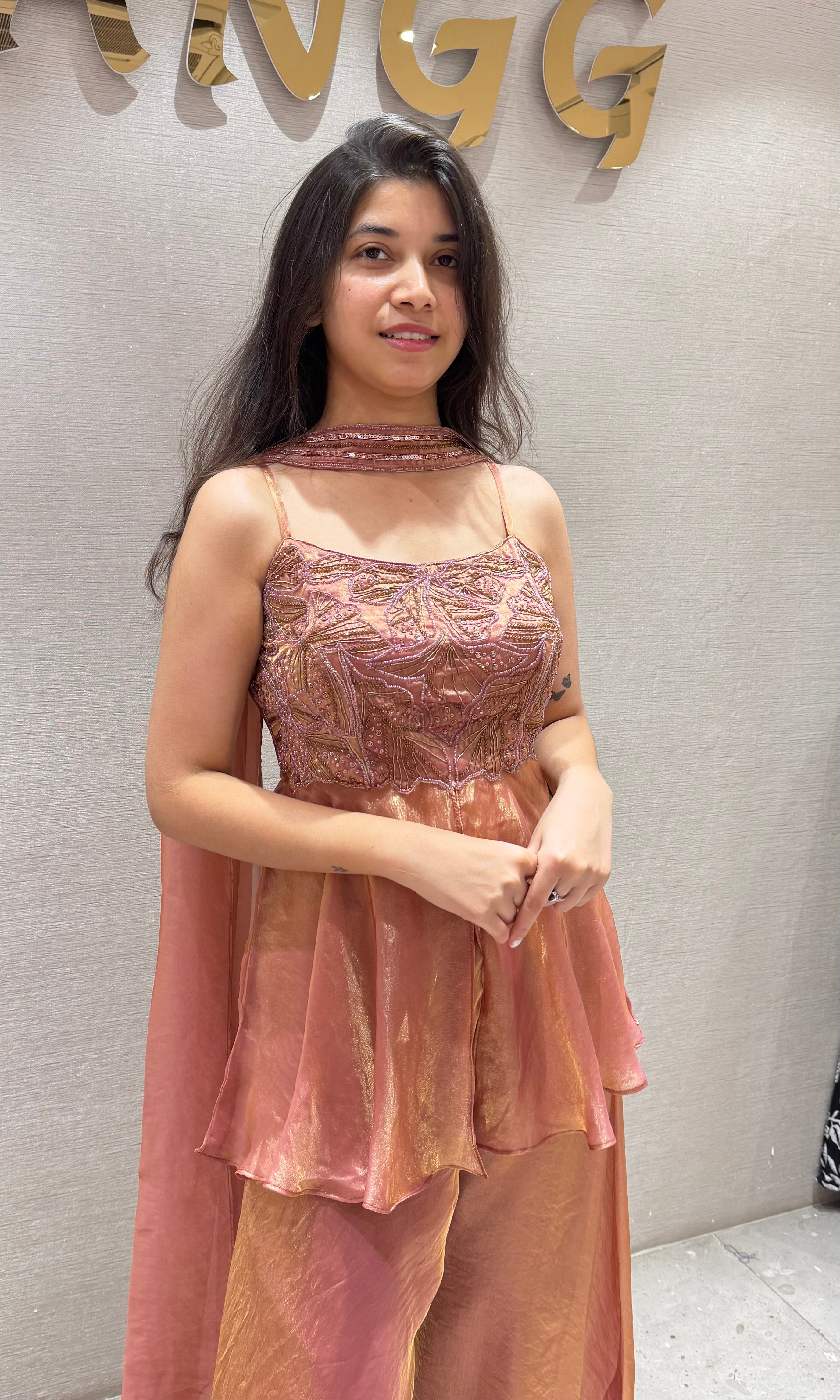 Rust EMBROIDERED PEPLUM PALAZZO SET