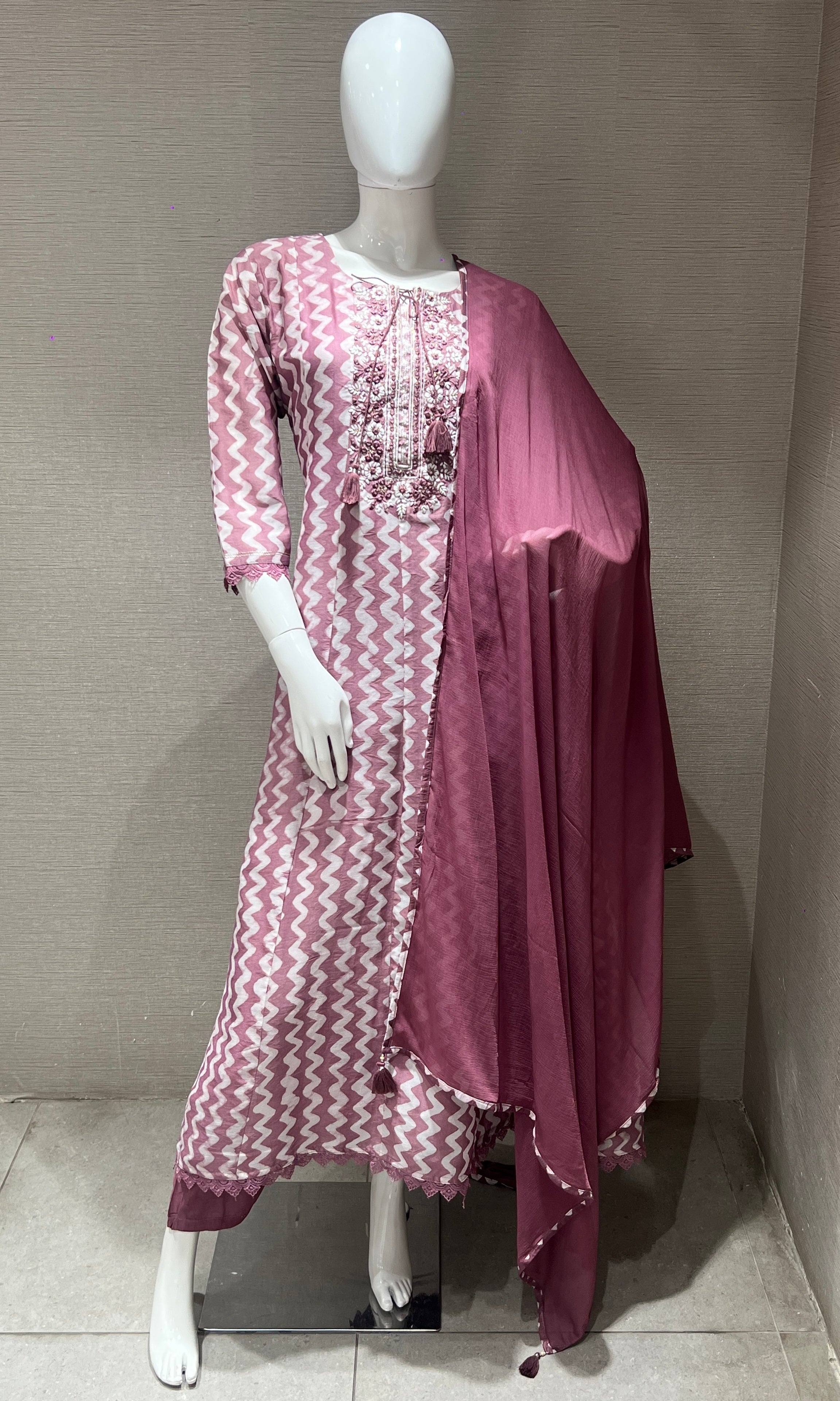 Elegant Pink and White Chevron Printed Anarkali with Embellished Neckline