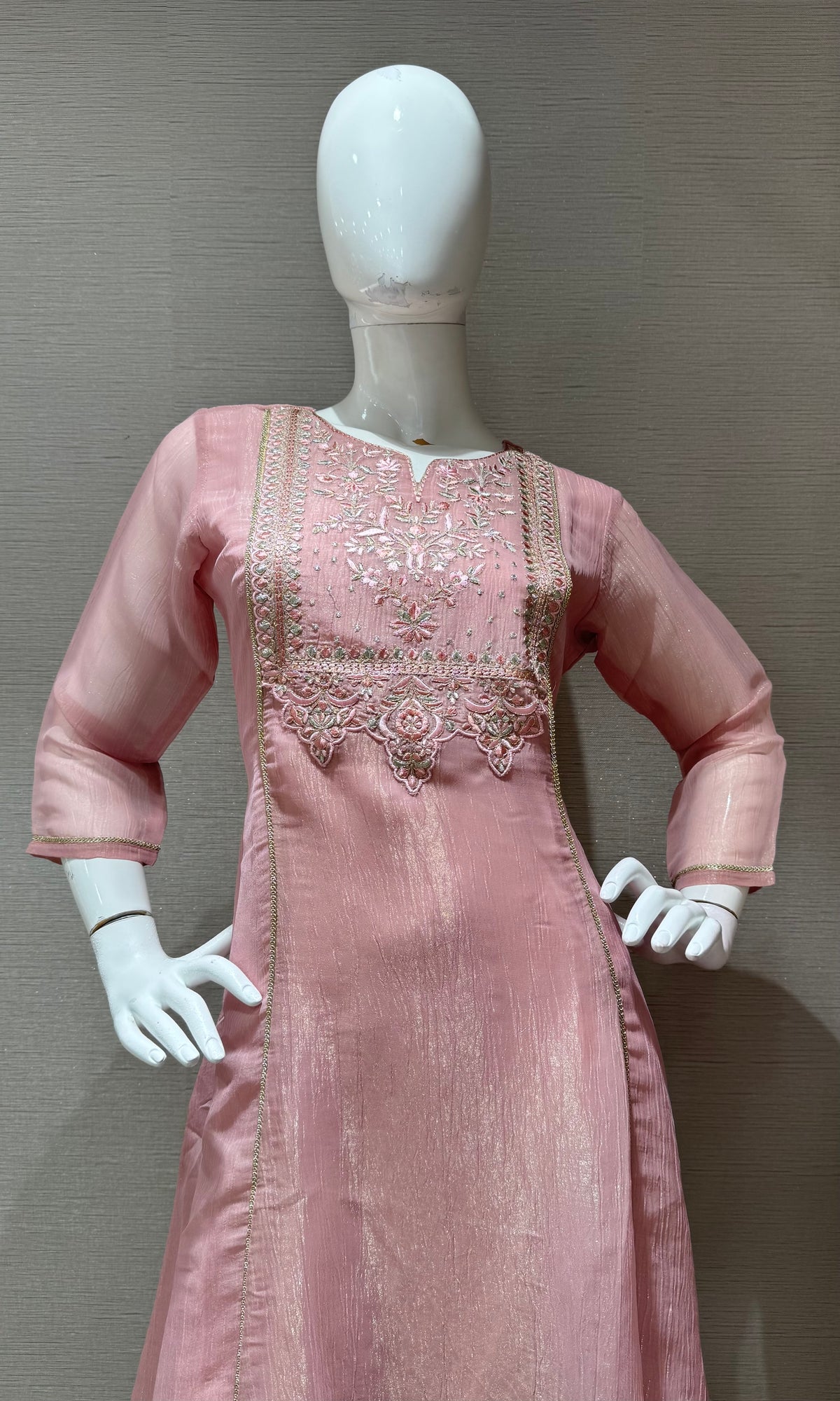 Onion Pink A Line Kurta top with Silver Embroidery