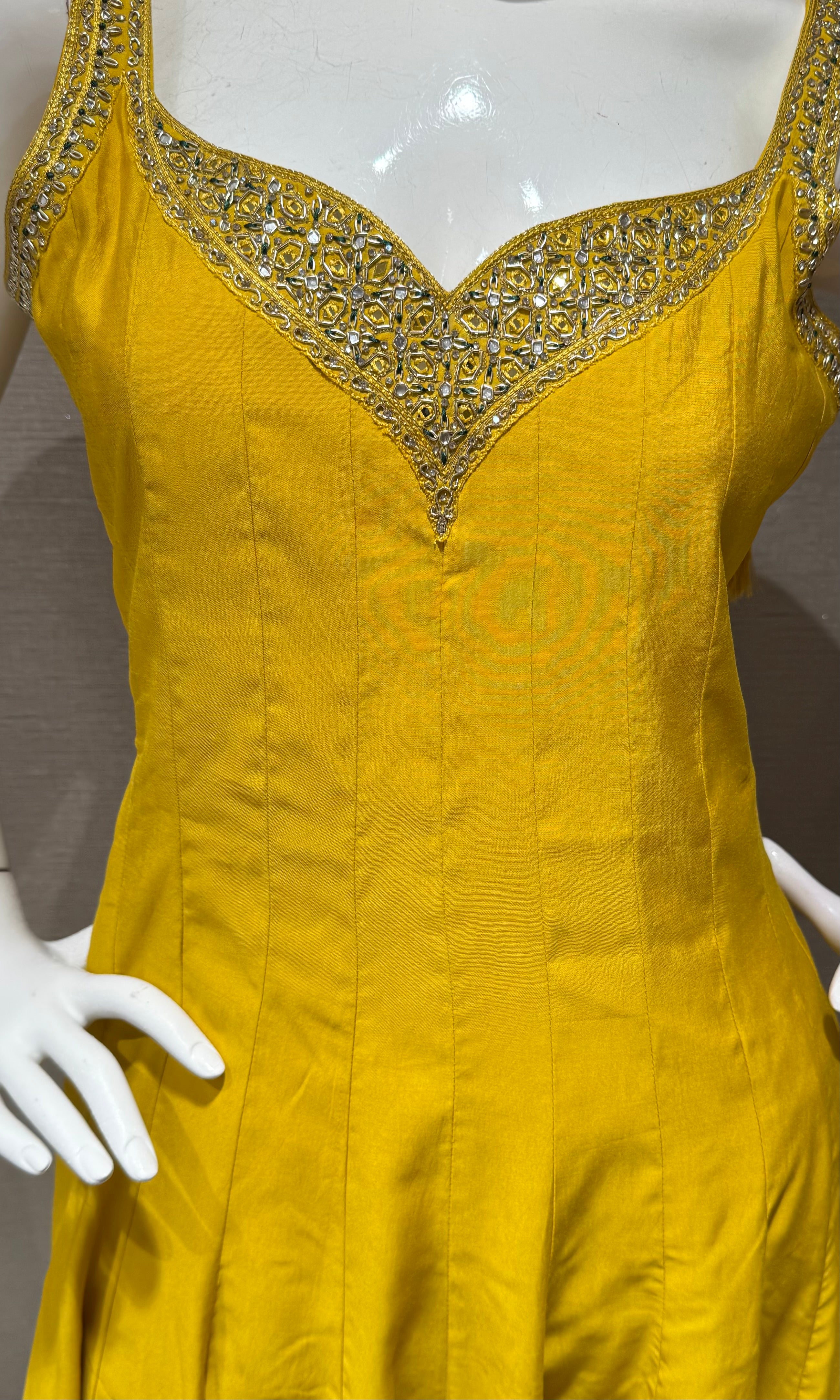 Yellow Silk Anarkali set with Contrast Green Dupatta
