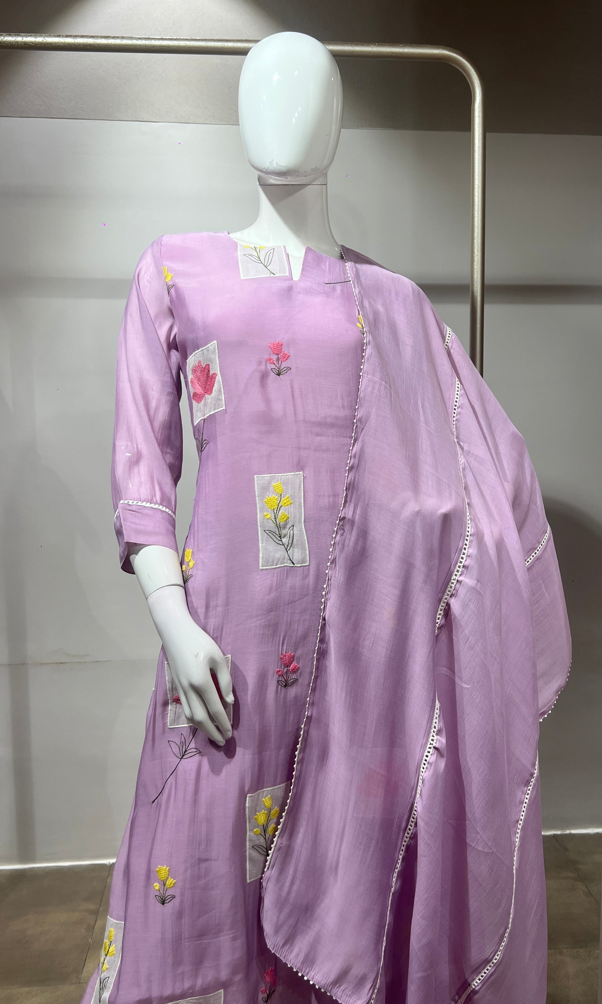 Lavender Patchwork Embroidered Kurta Set with Dupatta
