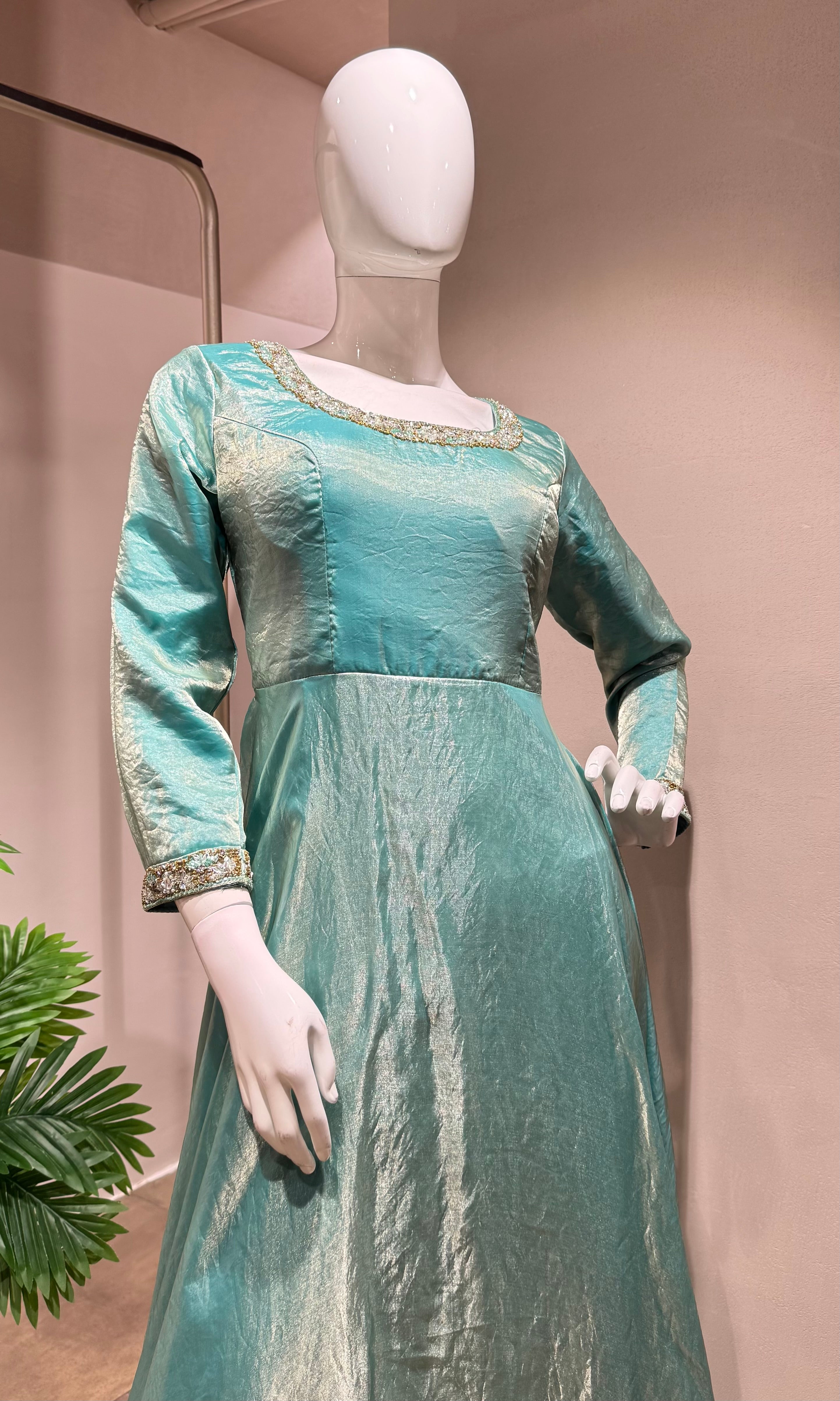 SEA GREEN TISSUE CRYSTAL WORK ANARKALI