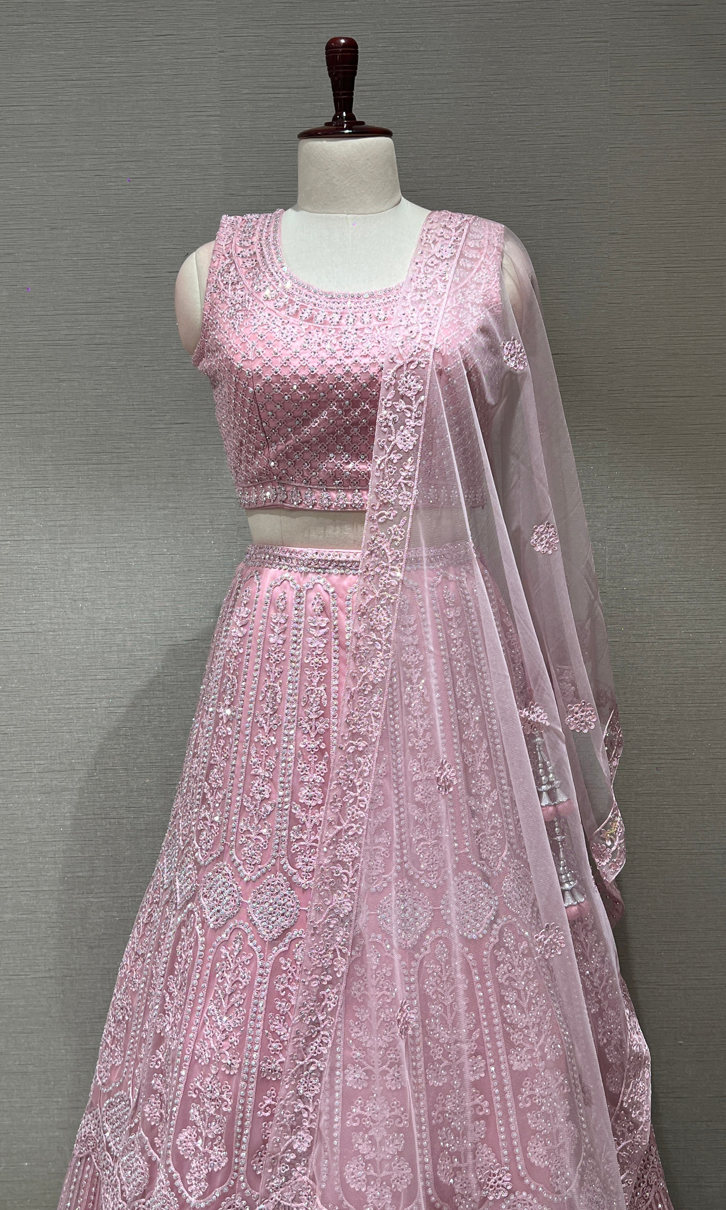 blush pink net intricate embroidered Lehenga