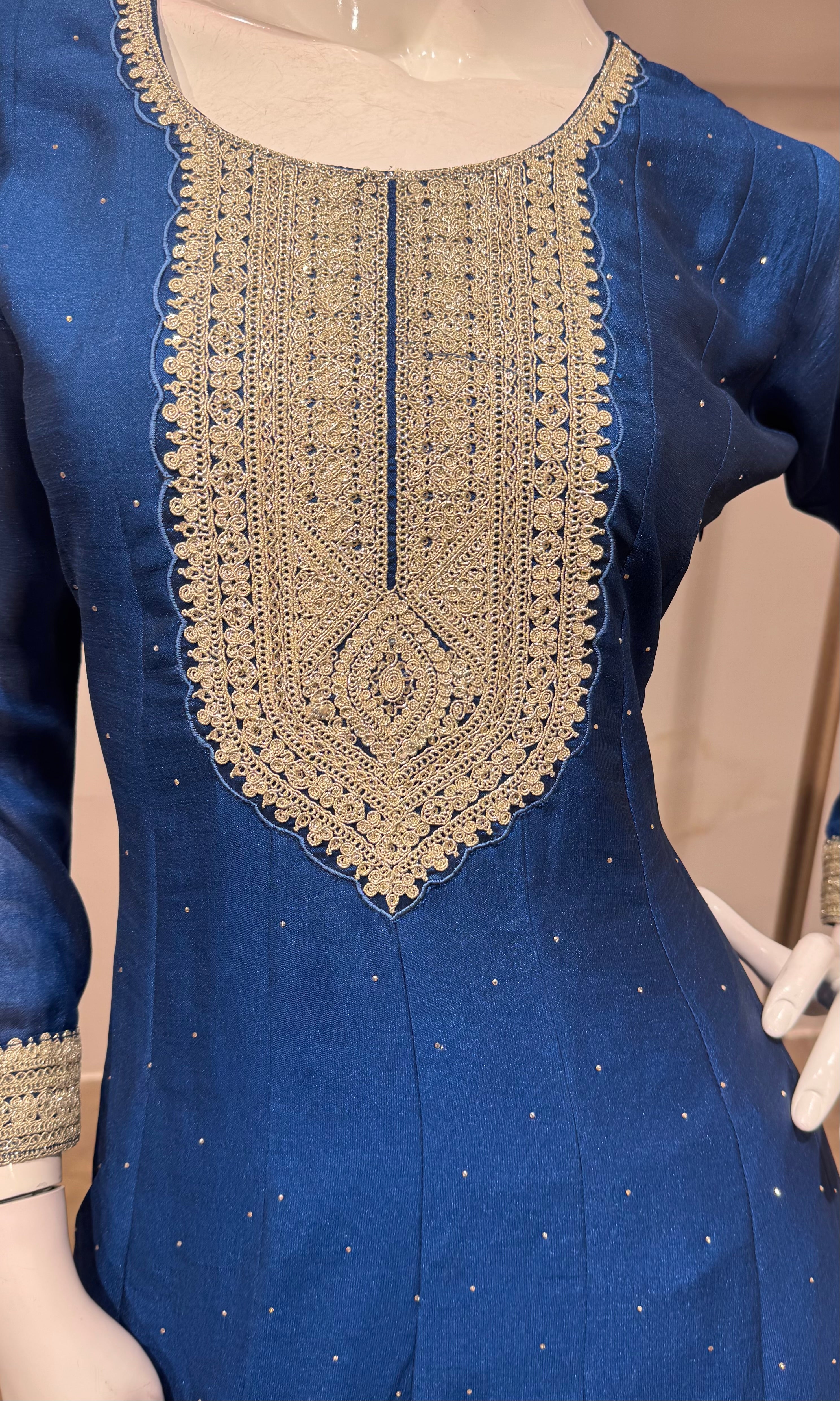 Navy Blue Embroidered Silk Kurta Set