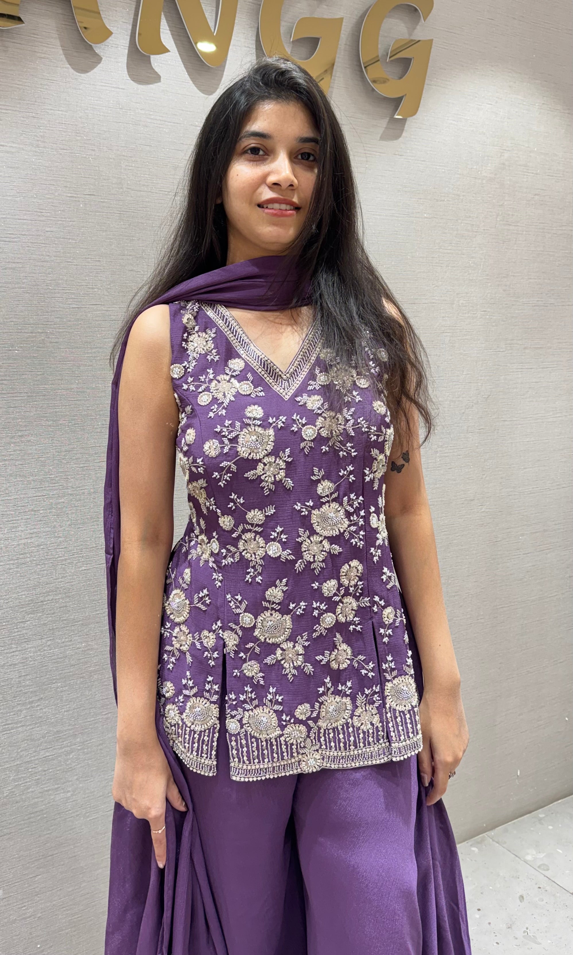 Purple floral embroidery palazzo set