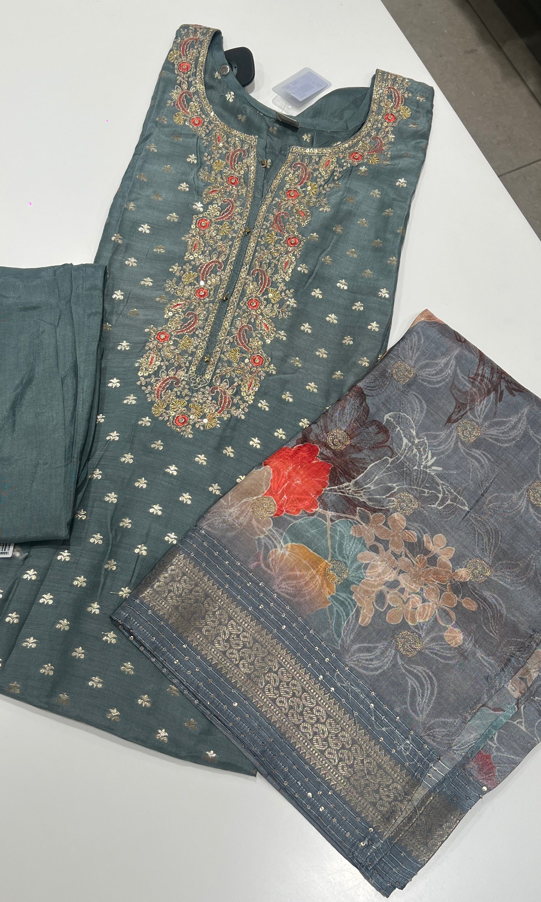 Grey Kurta Set With Contrast Floral Dupatta