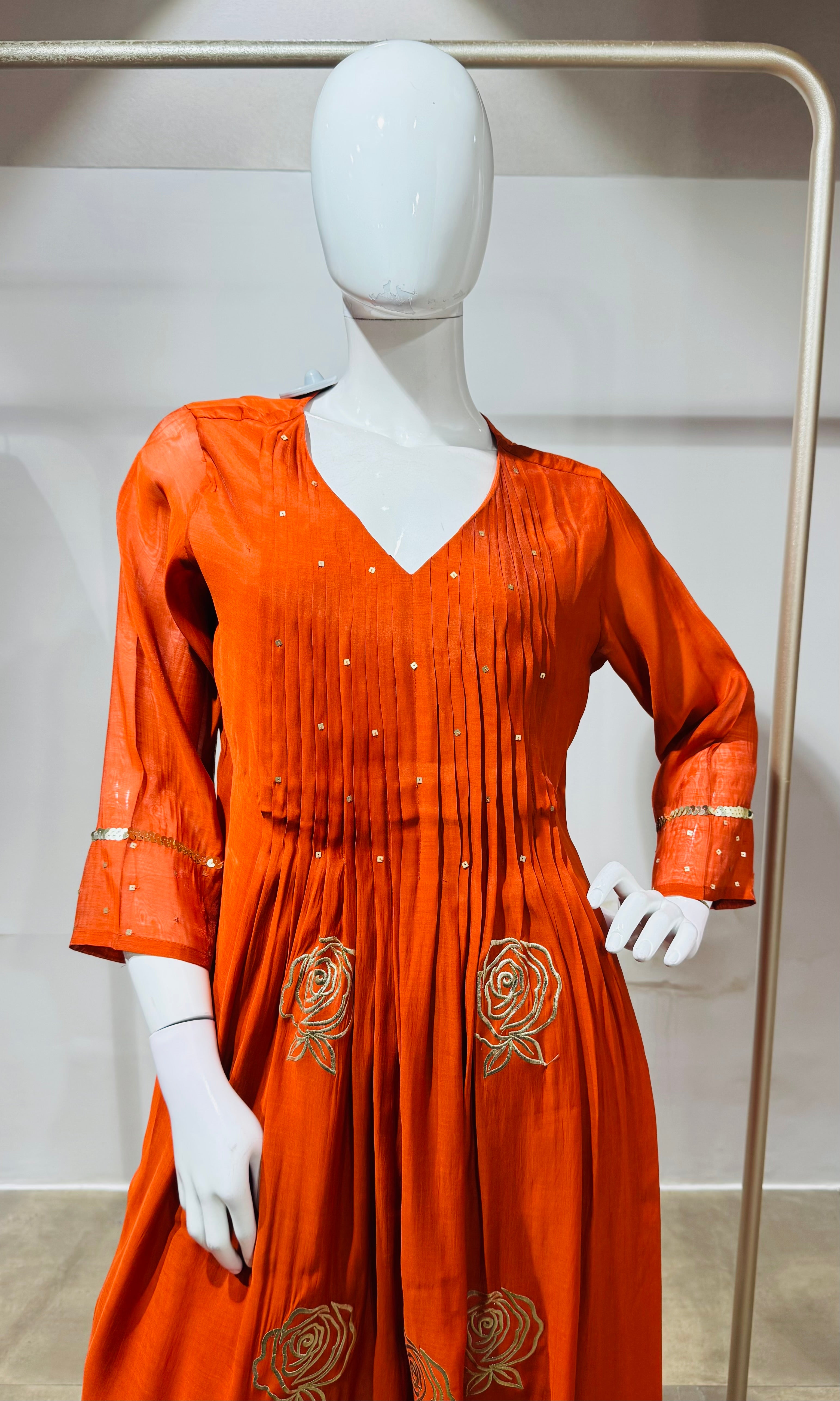 Rust golden floral mul chanderi kurta set