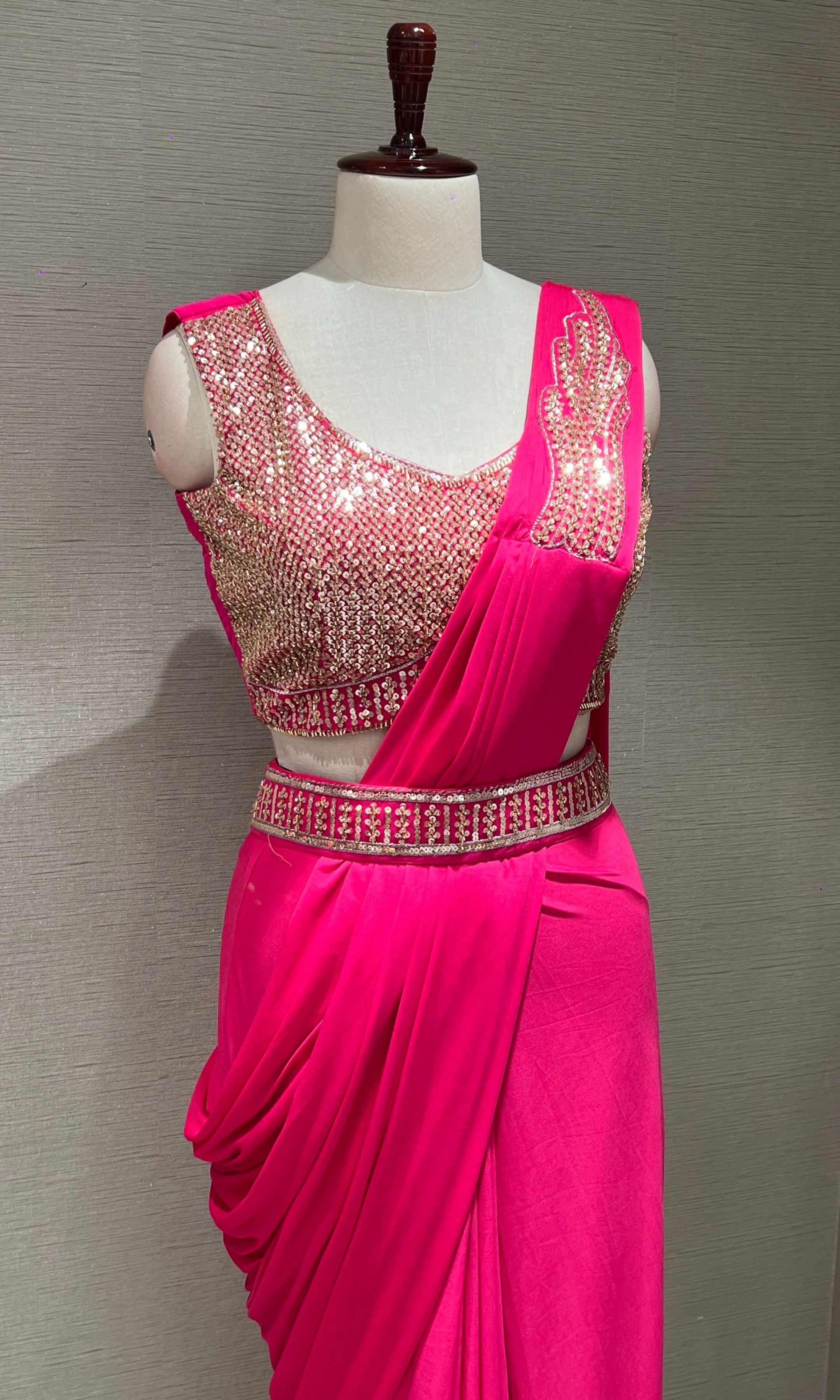 pink drape saree with embroiderY blouse & belt