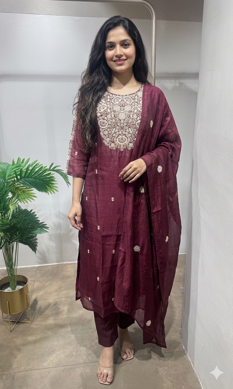 Maroon Embroidered Kurta Set