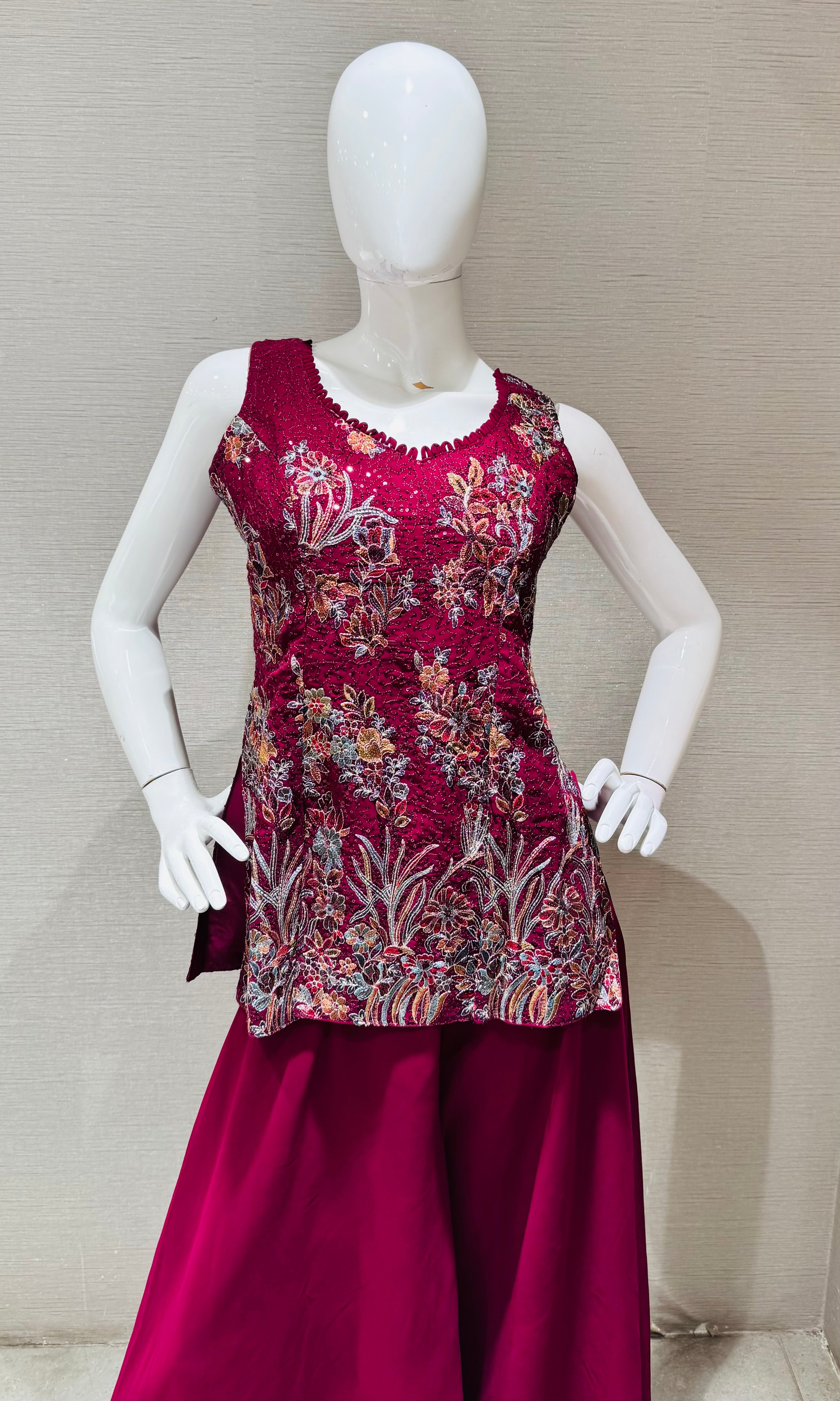 Wine floral zari georgette Palazzo set