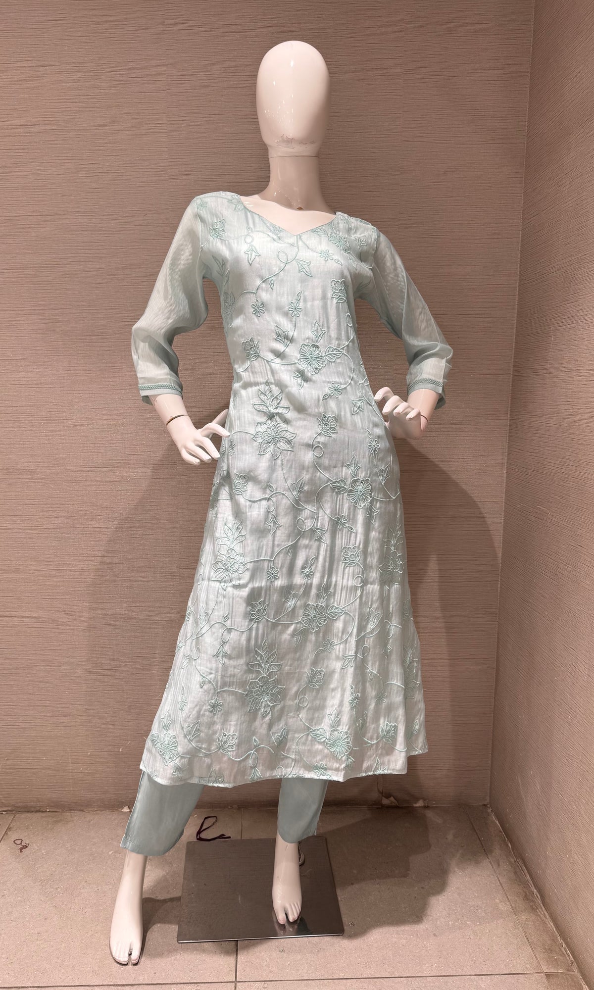 Sky blue silk floral embroidered kurta set with dupatta