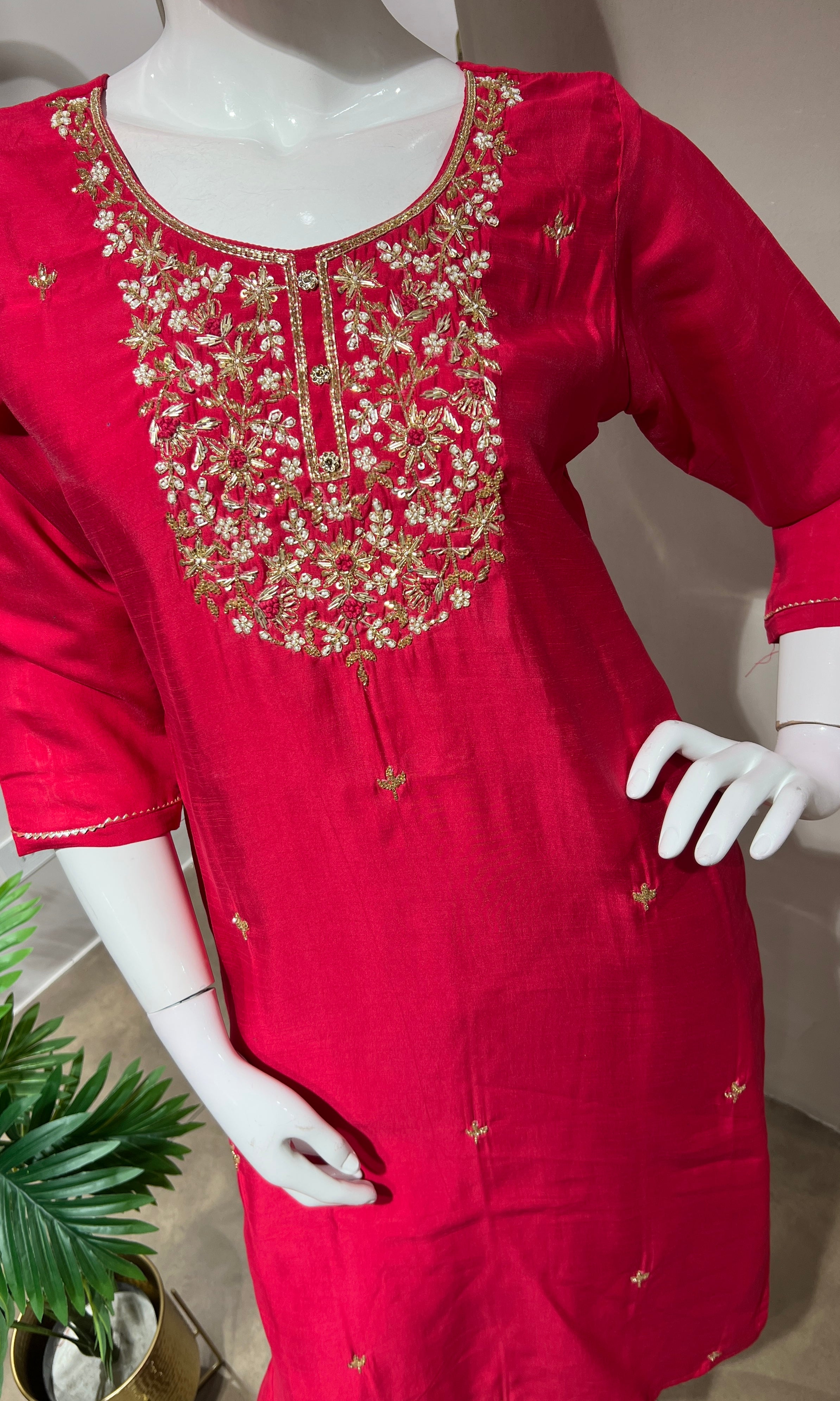 RANI PINK GOLD NECK WORK KURTA SET
