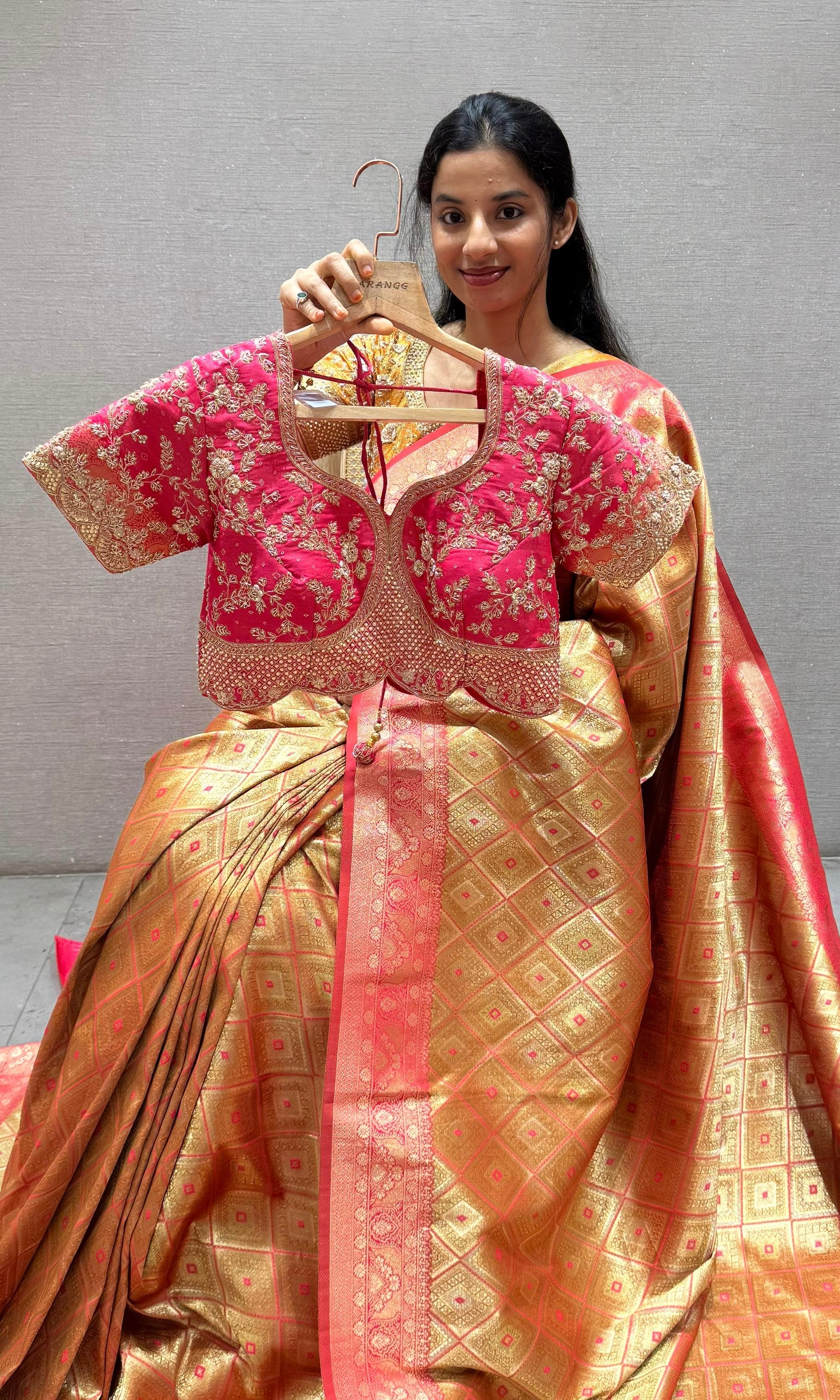 Pink saree with ready blouse