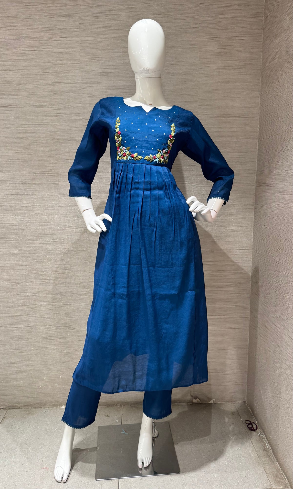 Navy blue chanderi silk kurta set with dupatta