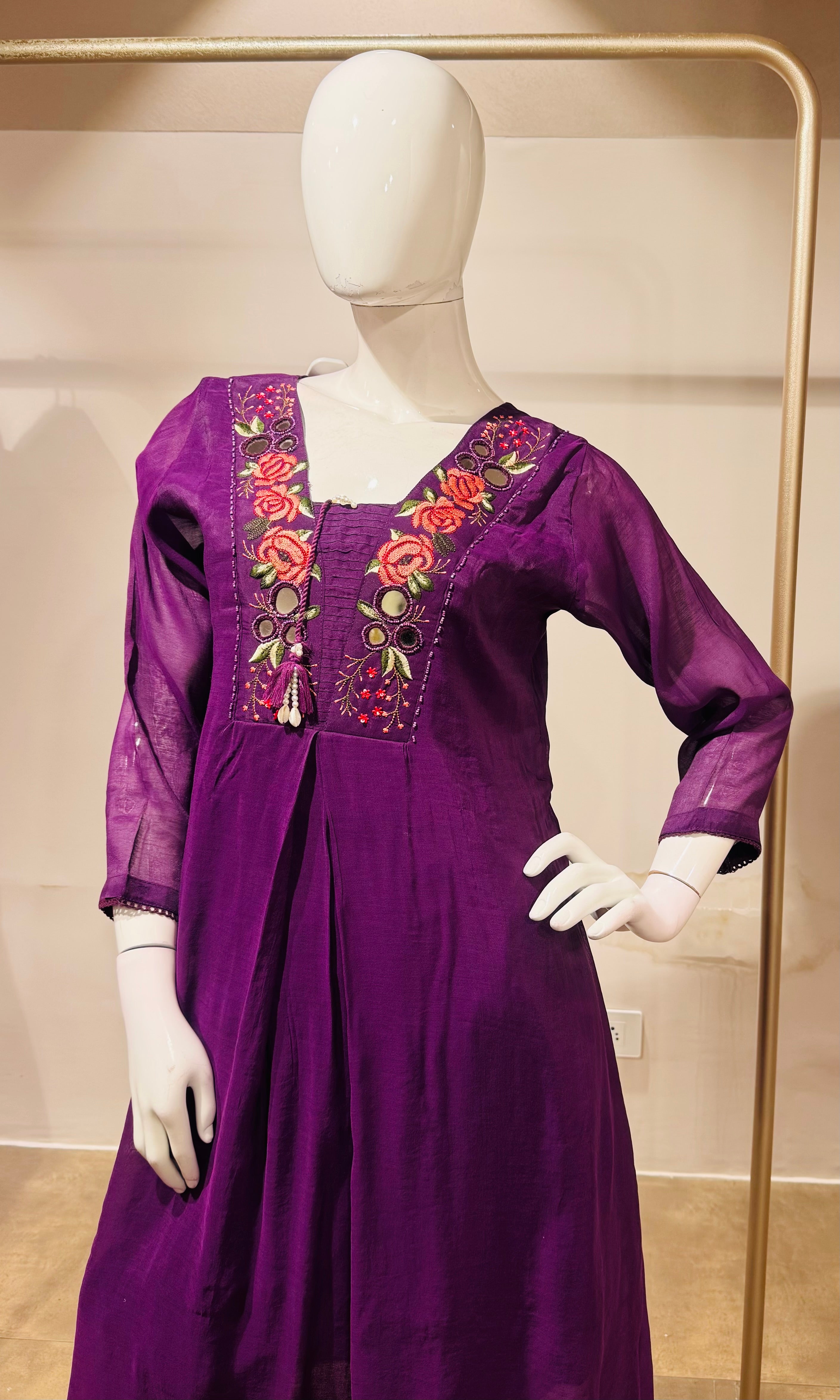Wine Ethnic Kurta Set with Multicolored Neckline