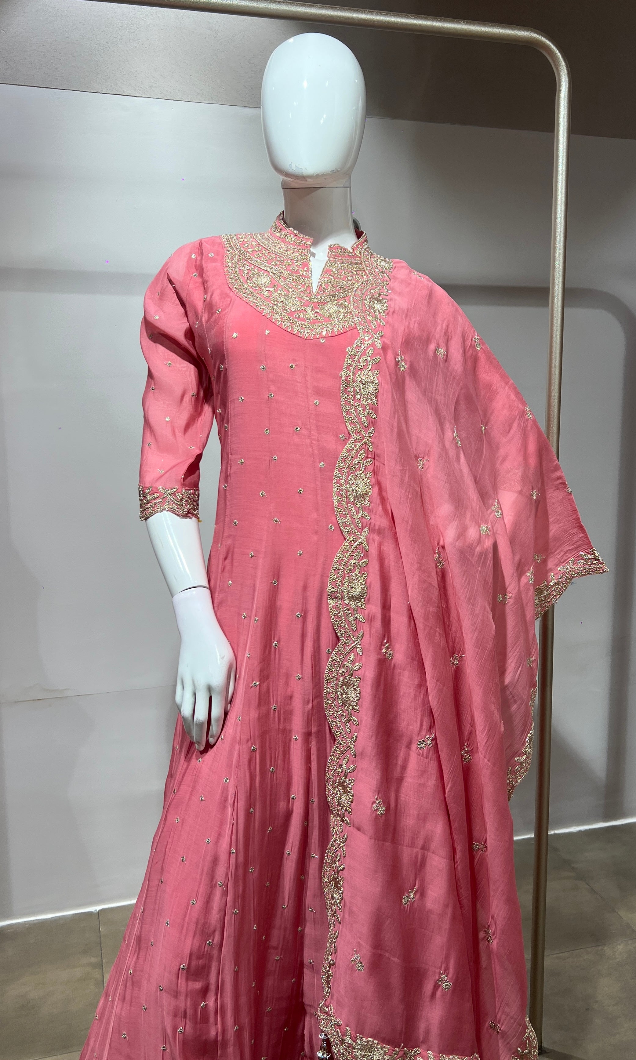 blush pink Silk Anarkali Suit Set with Scallop Dupatta