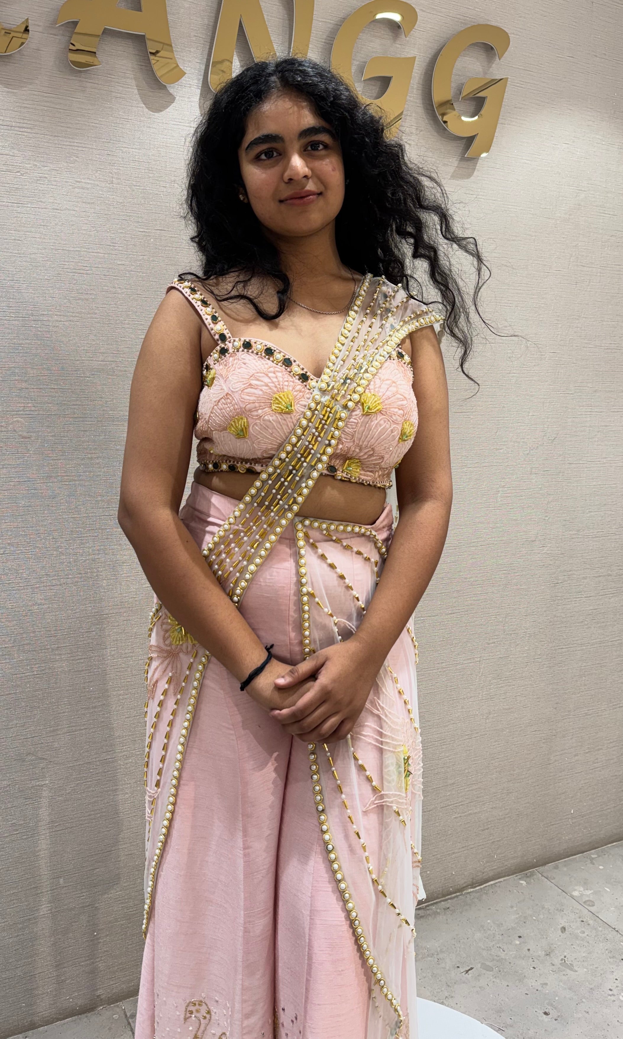 Baby pink palazzo with draped pallu