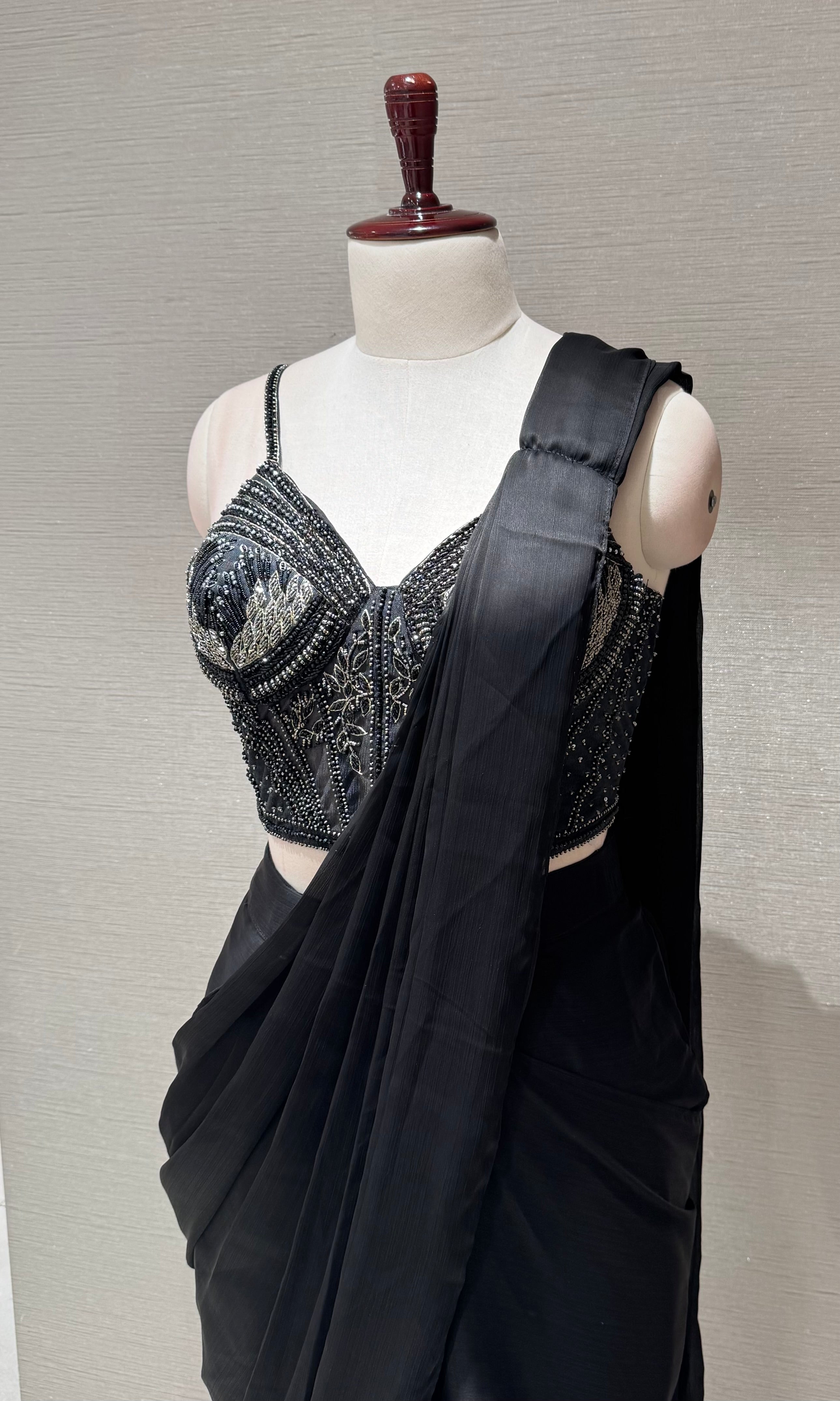 Black Draped Saree with Corset Silver Blouse