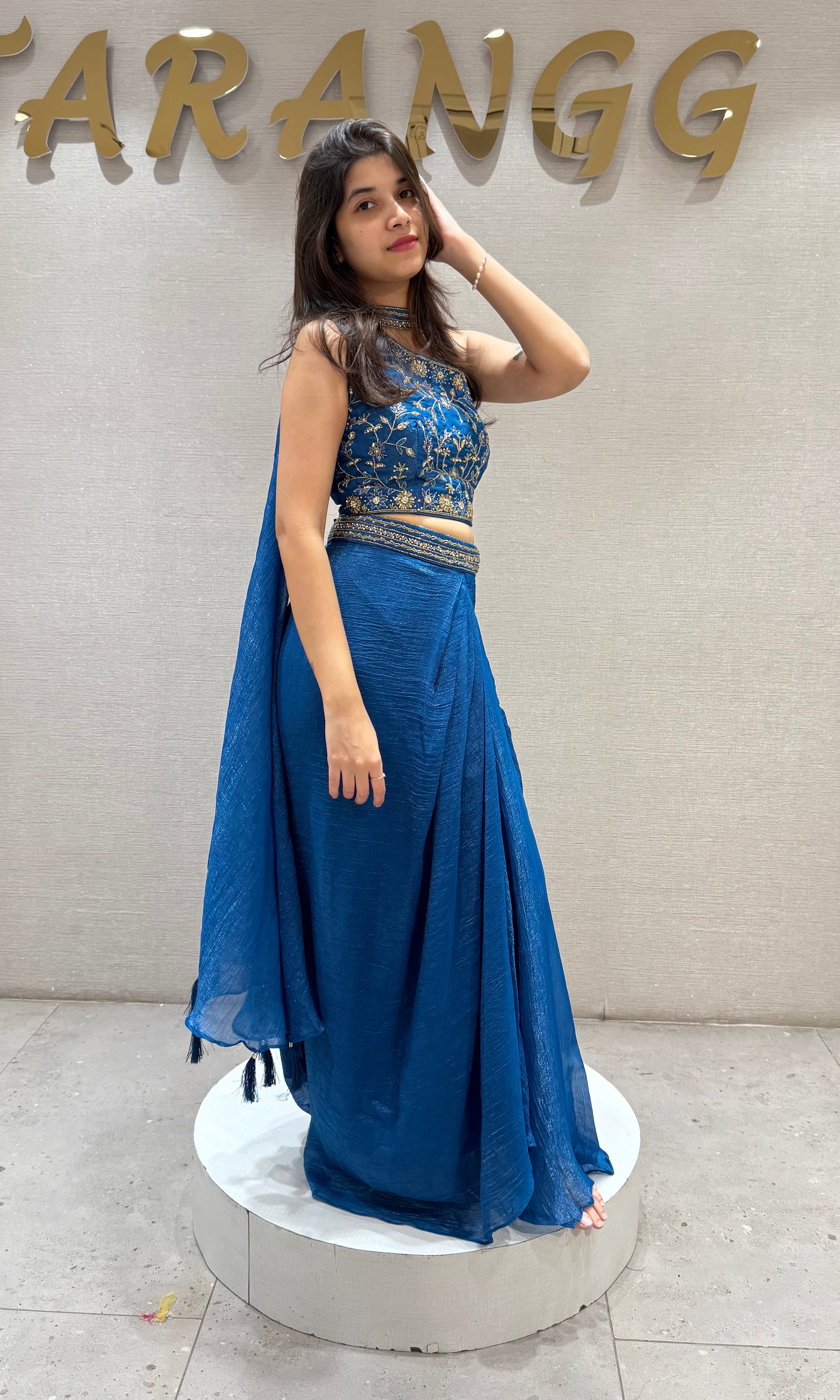 Peacock Blue Embroidered Draped Skirt