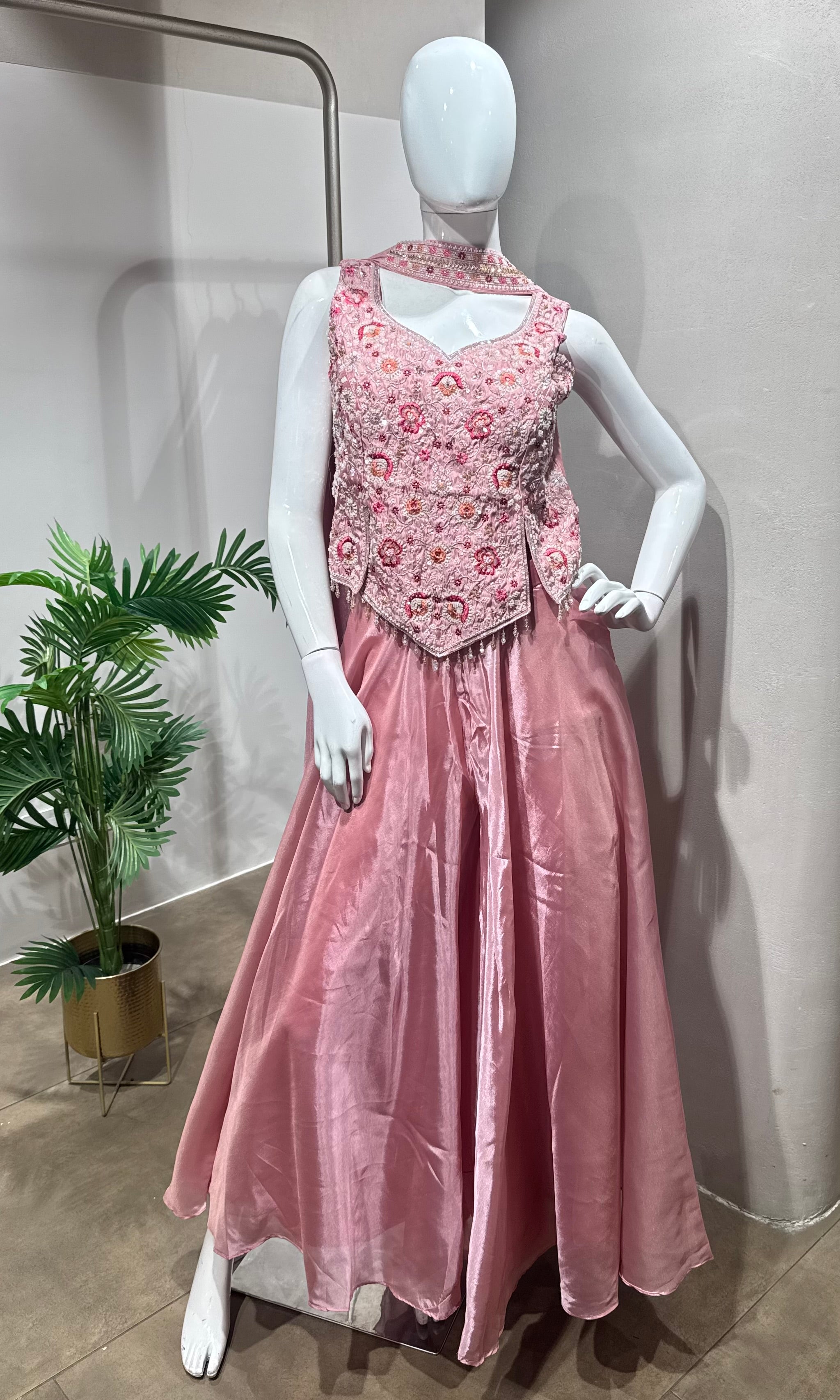 Pink TISSUE Embroidered Peplum & Palazzo Set