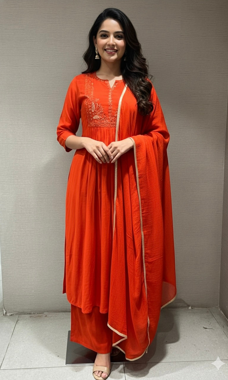 Rust MUL CHANDERI kurta set with palazzo pants