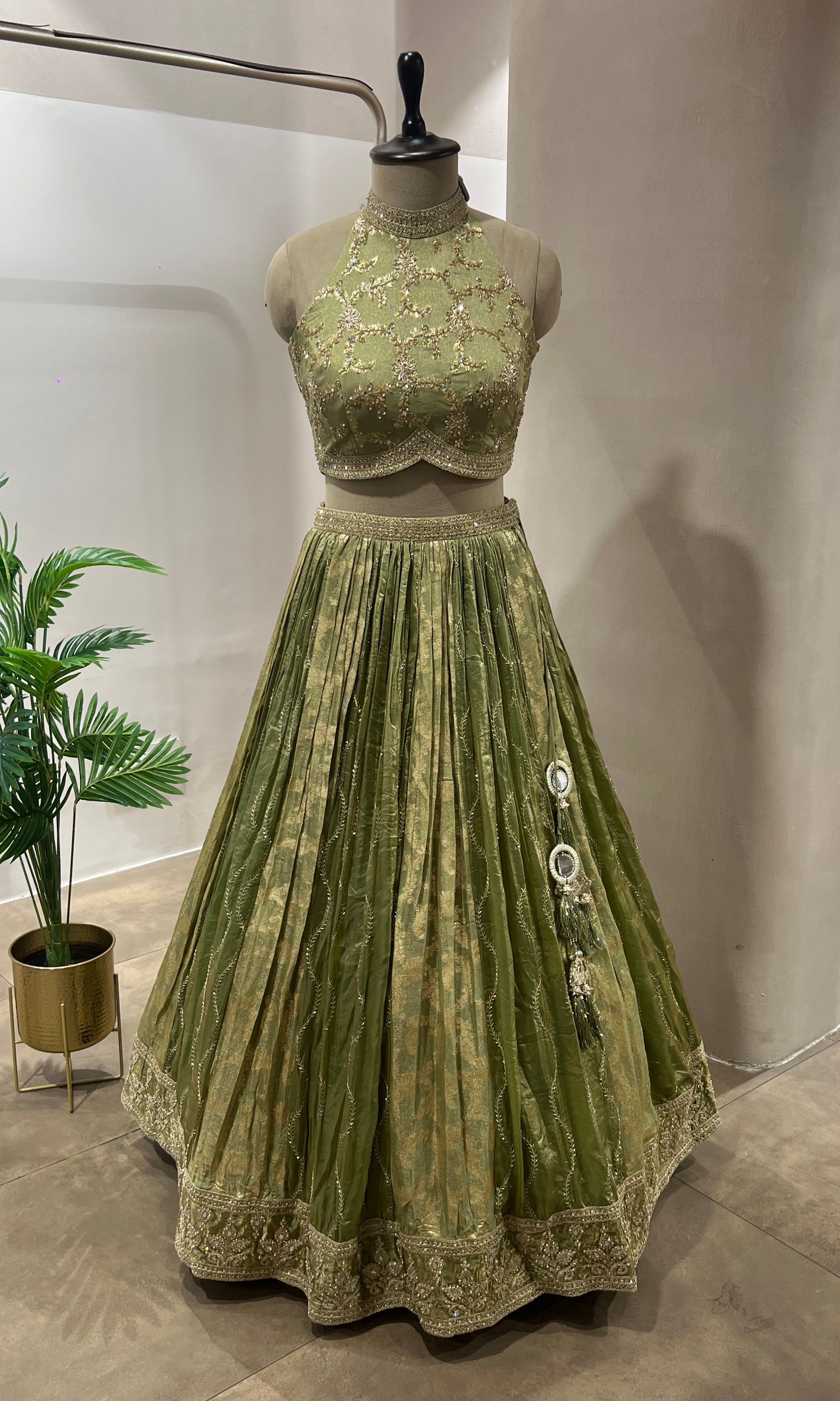 Green GOLDEN LEHENGA WITH HALTER NECK BLOUSE