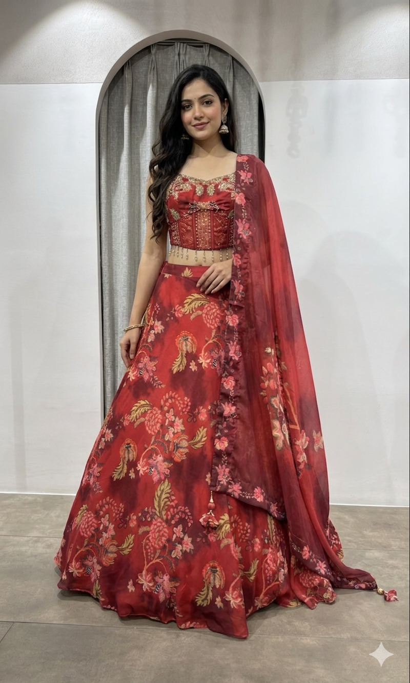 Red Indian Organza Printed Lehenga Set