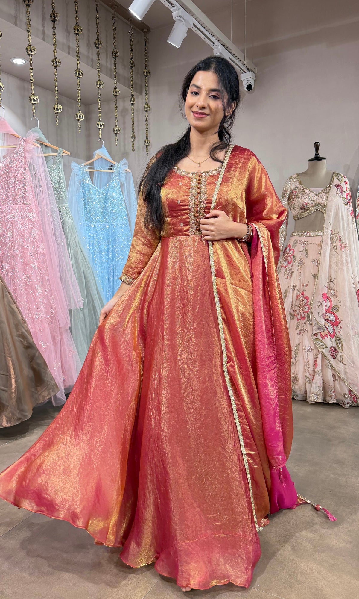 Shimmering RUST-Gold Silk Tissue Anarkali Set